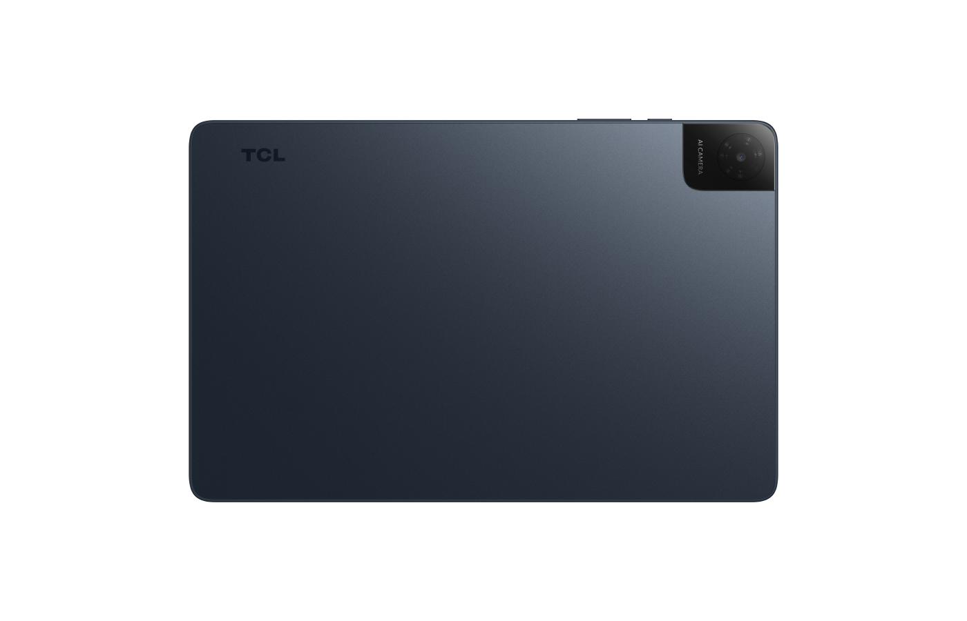Koyu mavi bir TCL tablet. Arkasında sağ üst köşede bir kamera modülü ve sol üstte marka adı bulunuyor.