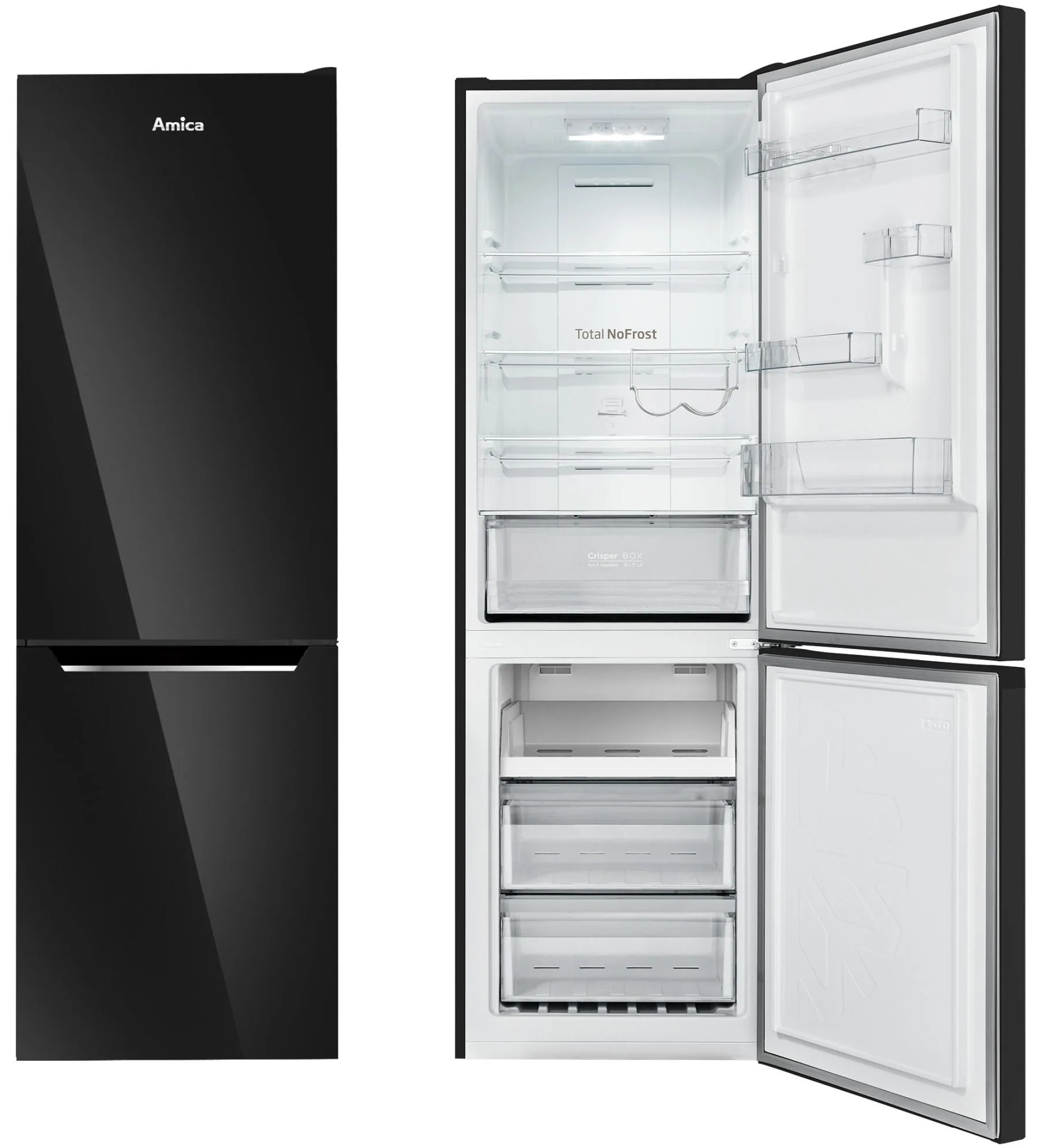 Czarna lodówka Amica z otwartymi drzwiami. Wnętrze pokazuje półki, szuflady i 'Crisper BOX'. Drzwi zamrażarki są otwarte.