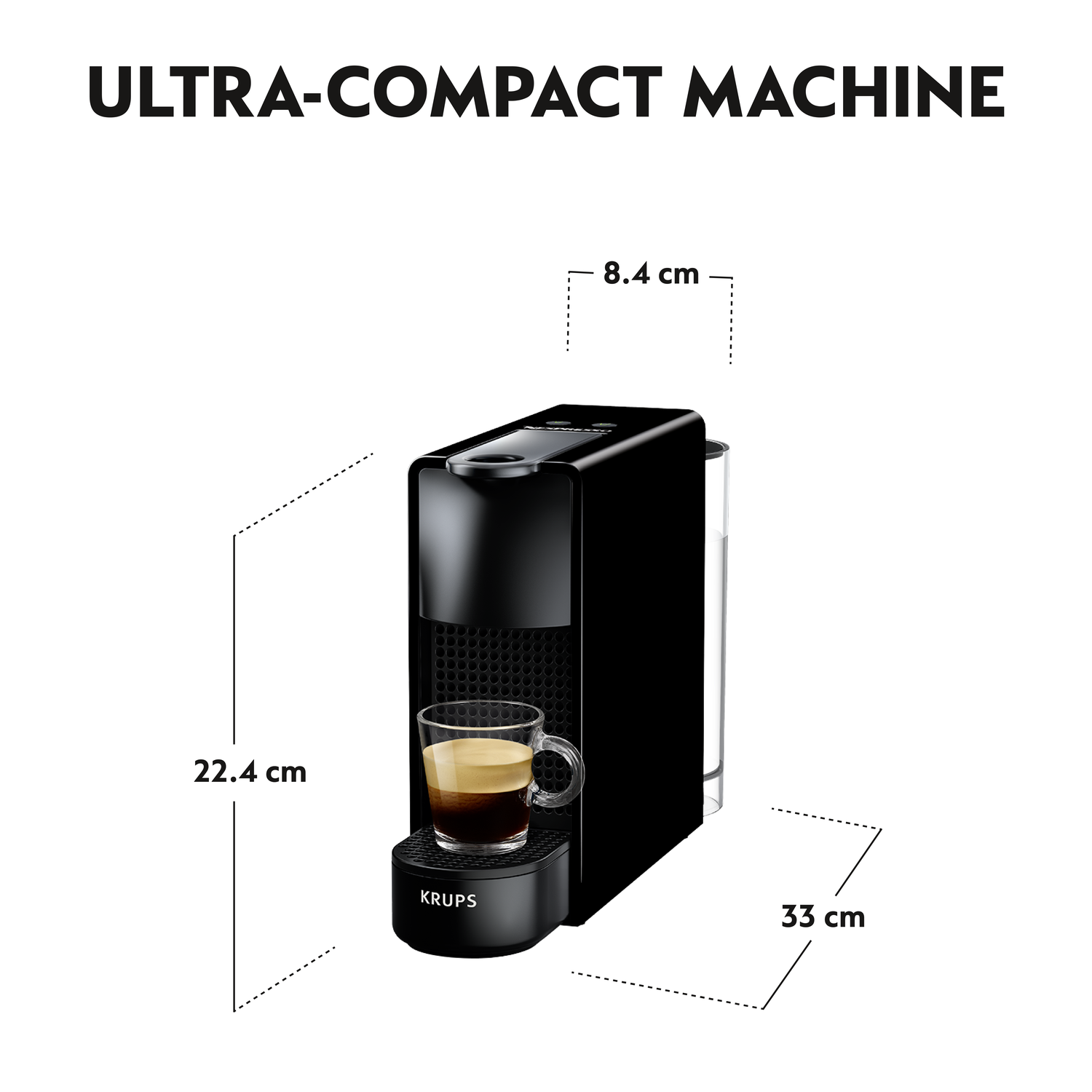 A black Krups coffee machine. A glass cup with coffee is on the machine's base. Dimensions: 22.4cm high, 8.4cm wide, 33cm deep.