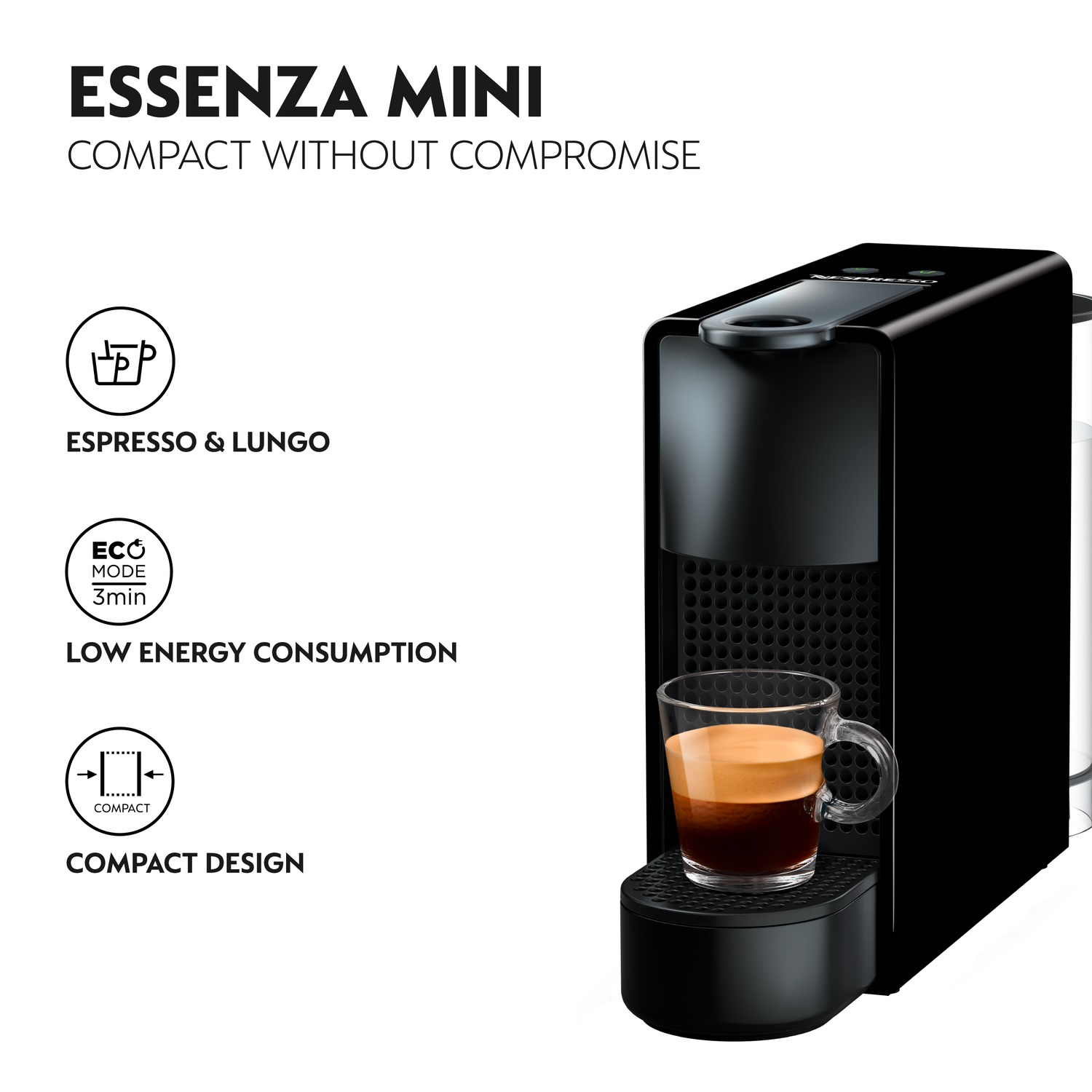 Black Essenza Mini espresso machine with a glass cup of espresso. Text: Espresso & Lungo, Eco Mode, Low energy consumption, Compact design.