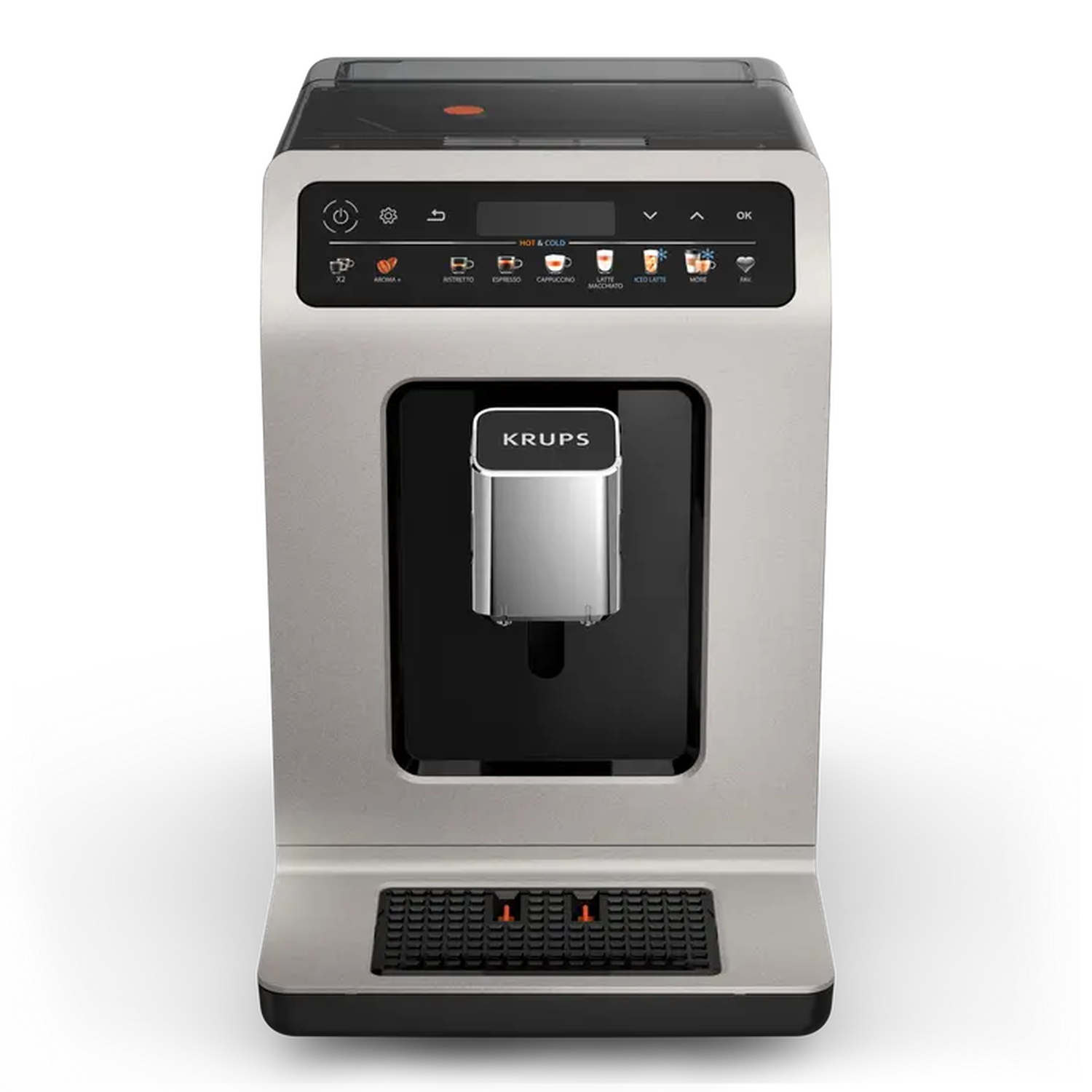 Une machine à café KRUPS argentée et noire est centrée sur un fond noir. Elle a des boutons pour différents types de café et un écran.