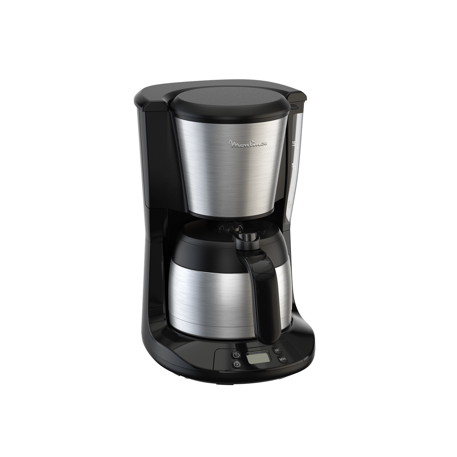 A black and silver Moulinex coffee maker. It has a stainless steel carafe and a digital display. Isolated on a black background.