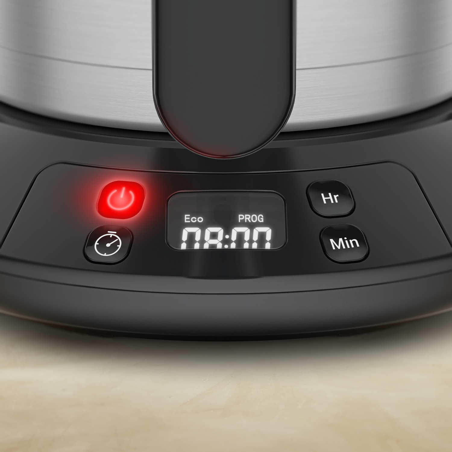 Close-up of a black appliance control panel with a red power button, timer, and digital display showing 08:00.