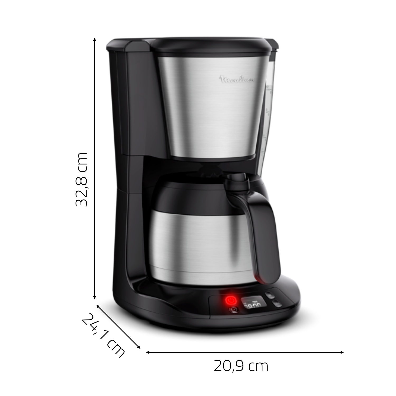 Black and silver coffee maker. Dimensions: 32.8cm high, 24.1cm wide, and 20.9cm deep. Has a red light and a digital display.