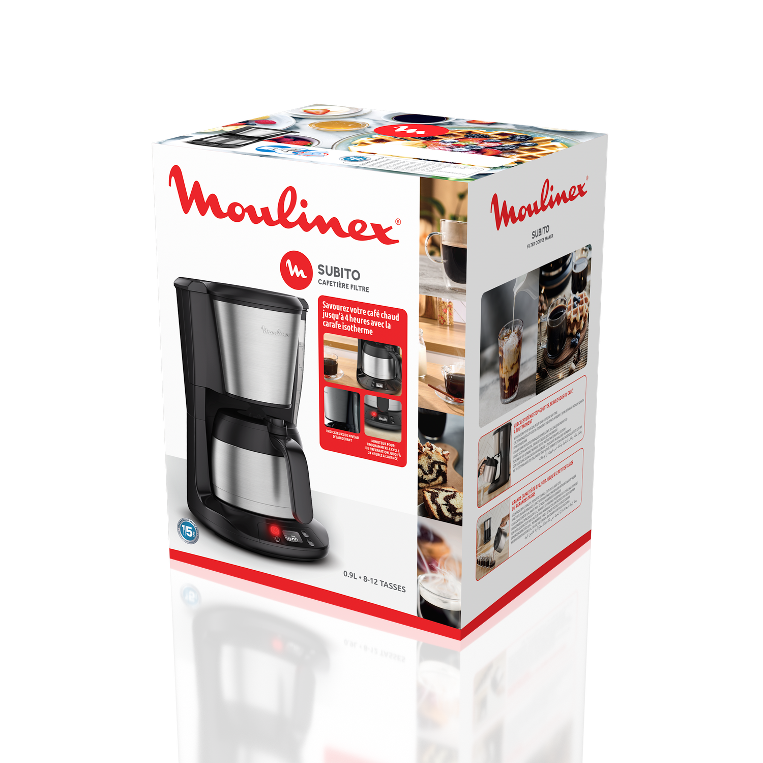 A Moulinex Subito filter coffee maker box is shown. The box features a coffee machine and images of coffee being made.