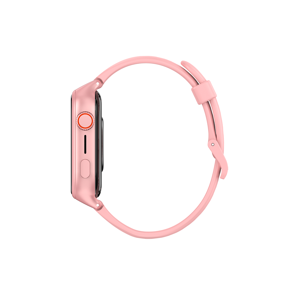 Pembe bir akıllı saat, yan görünüm. Saat pembe bir kayışa, gümüş bir ekrana ve kırmızı bir düğmeye sahip. Arka plan beyaz.