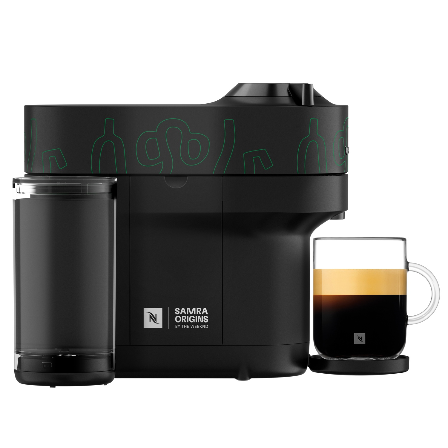 Black Nespresso machine with a glass of coffee. A clear water container on the left and a transparent cup of coffee on the right.