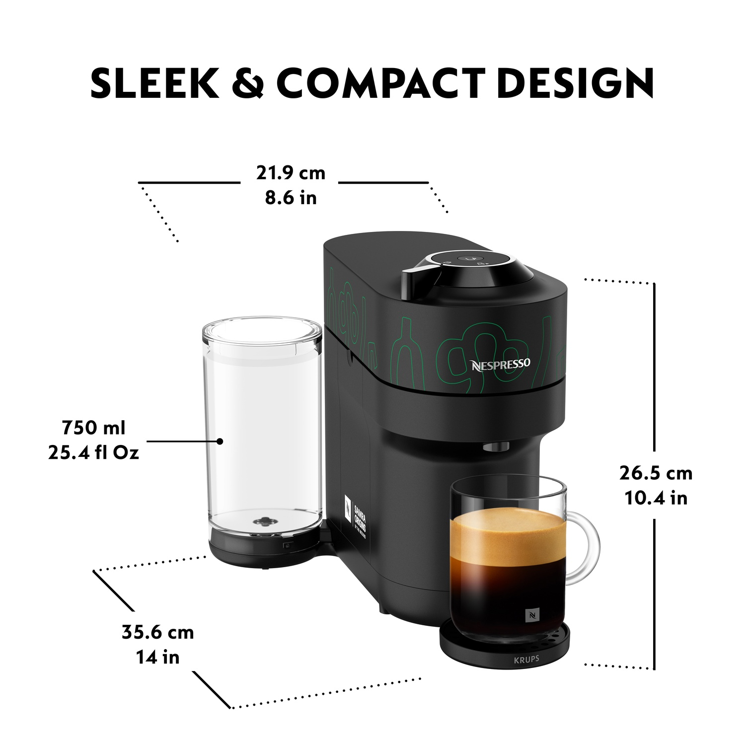 A black Nespresso machine with a clear glass carafe and a cup of coffee. Dimensions and branding are visible.