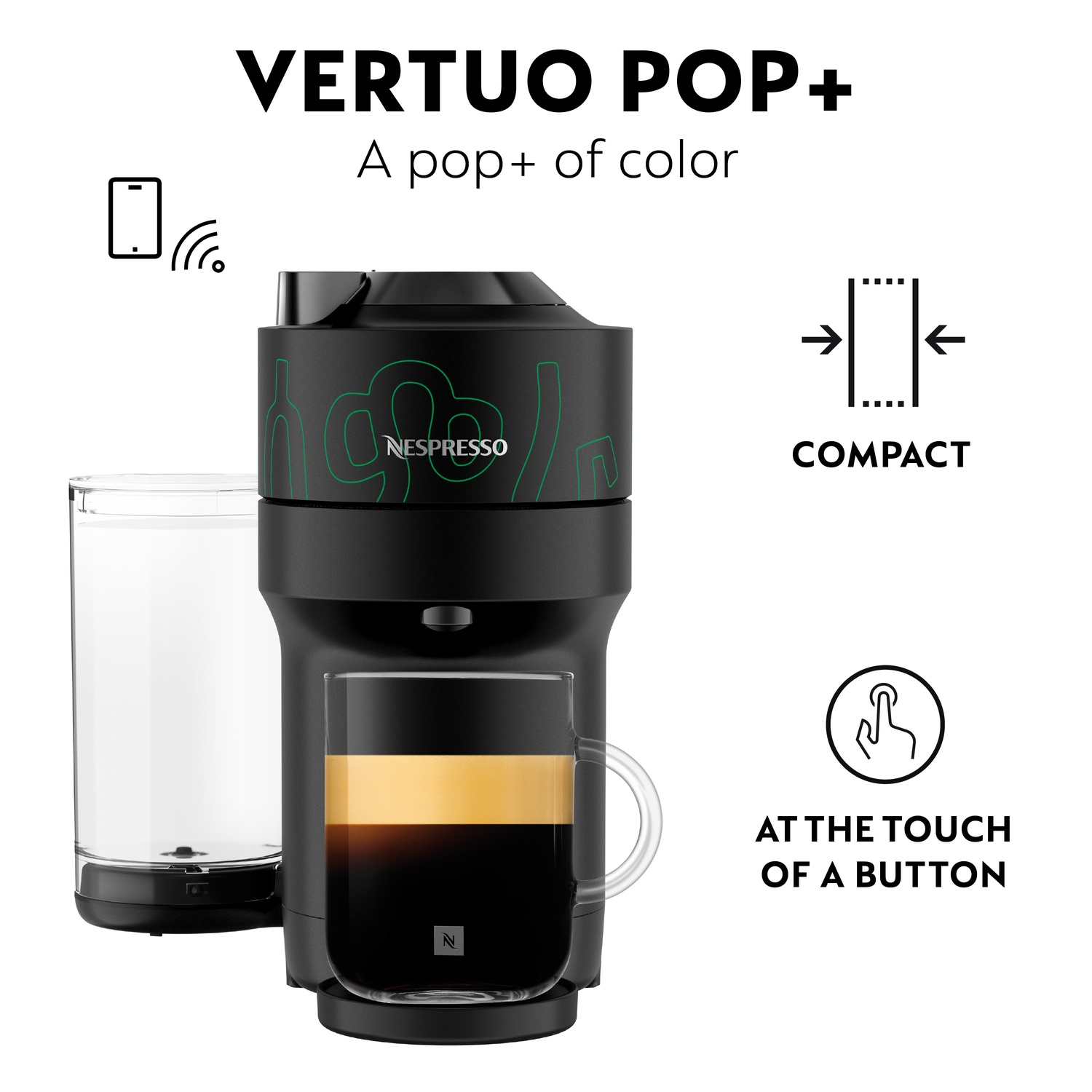 Black Nespresso Vertuo Pop+ machine with a glass of coffee. Features include compact design, touch button operation, and a water reservoir.