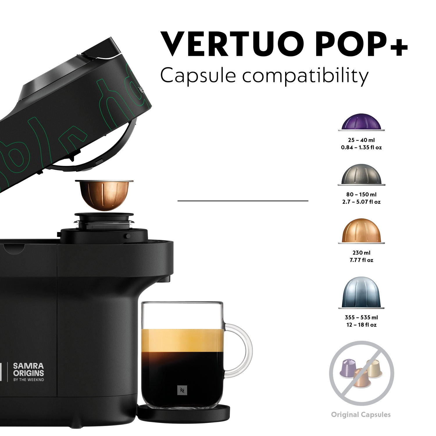 A black Vertuo Pop+ coffee machine with a cup of coffee, and coffee capsules. Text indicates capsule compatibility with various sizes.