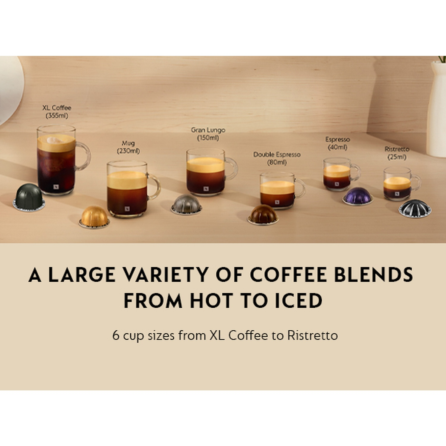 Image shows six coffee cups with different sizes and names, from XL Coffee to Ristretto, with capsules below. Text says 'A large variety of coffee blends.'