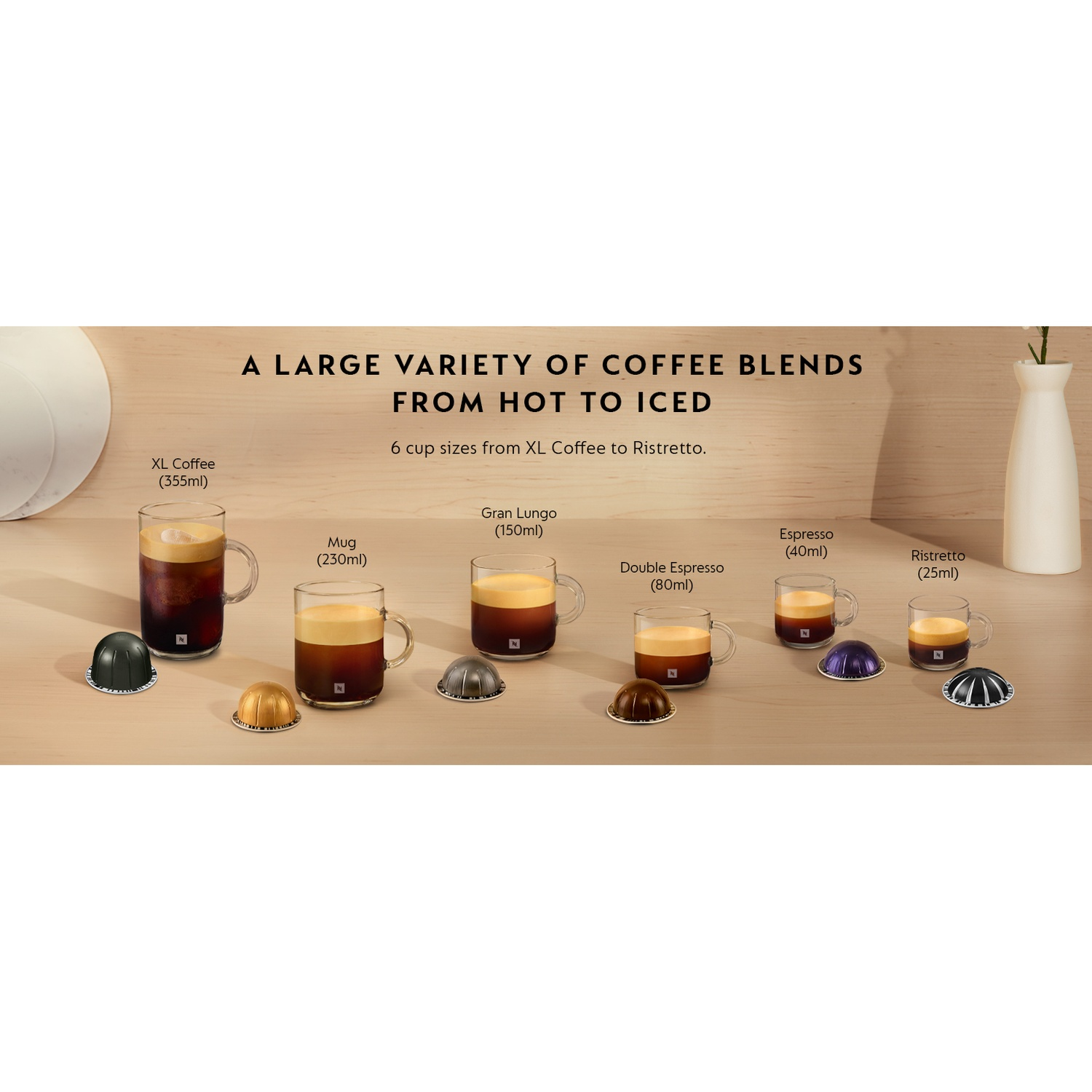 Image shows six coffee cups with different coffee types. Text displays "A large variety of coffee blends from hot to iced."