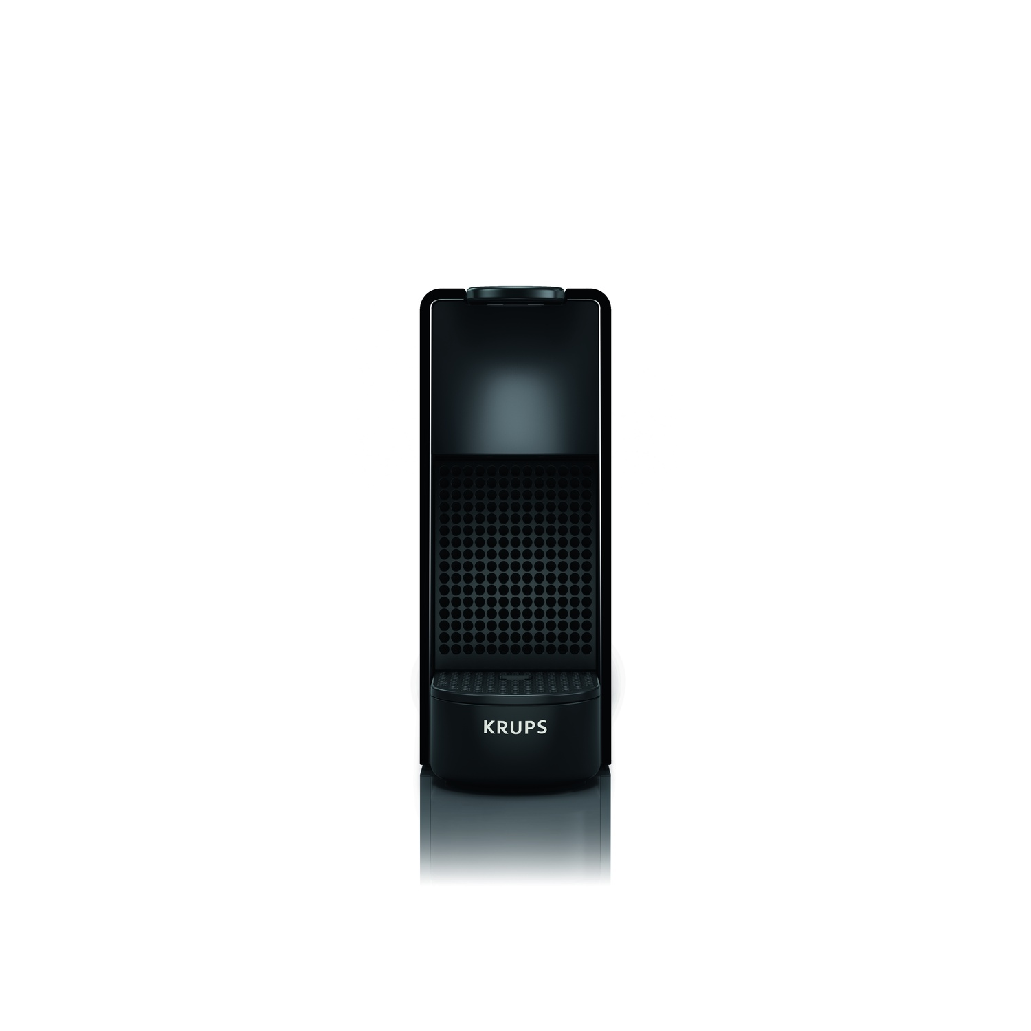 A black Krups coffee machine stands centered on a white background. The machine has a sleek design and the brand name is visible.