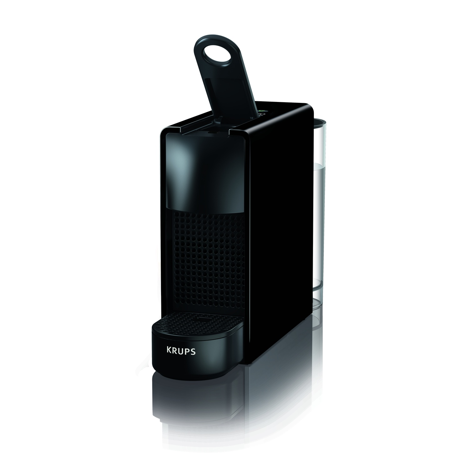 A black Krups Nespresso machine. It has a water reservoir and a capsule compartment. The handle is up.