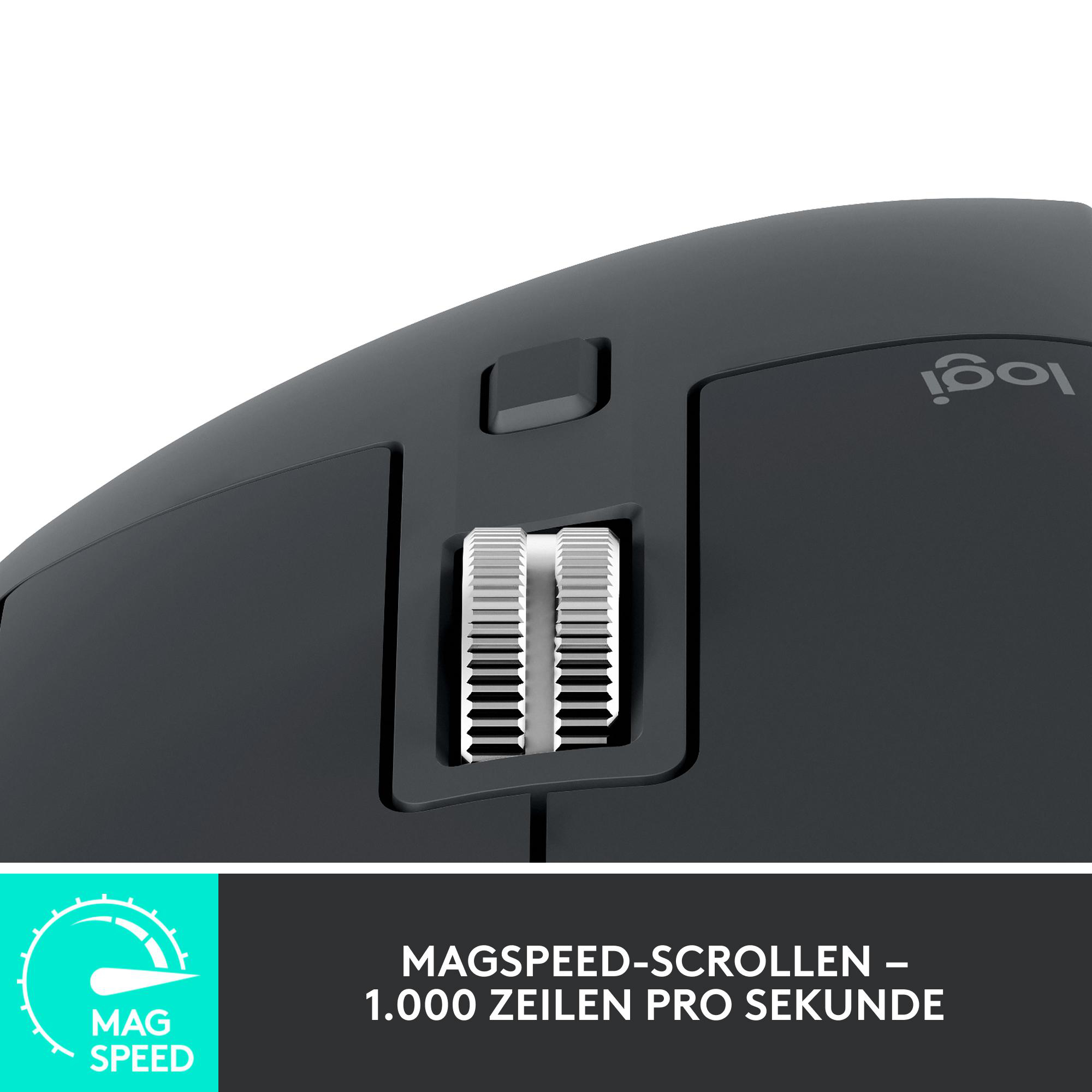 Nahaufnahme einer schwarzen Computermaus. Sie hat ein Scrollrad und das Logitech-Logo. Der Text lautet 'MAGSPEED' und '1.000 Zeilen pro Sekunde'.