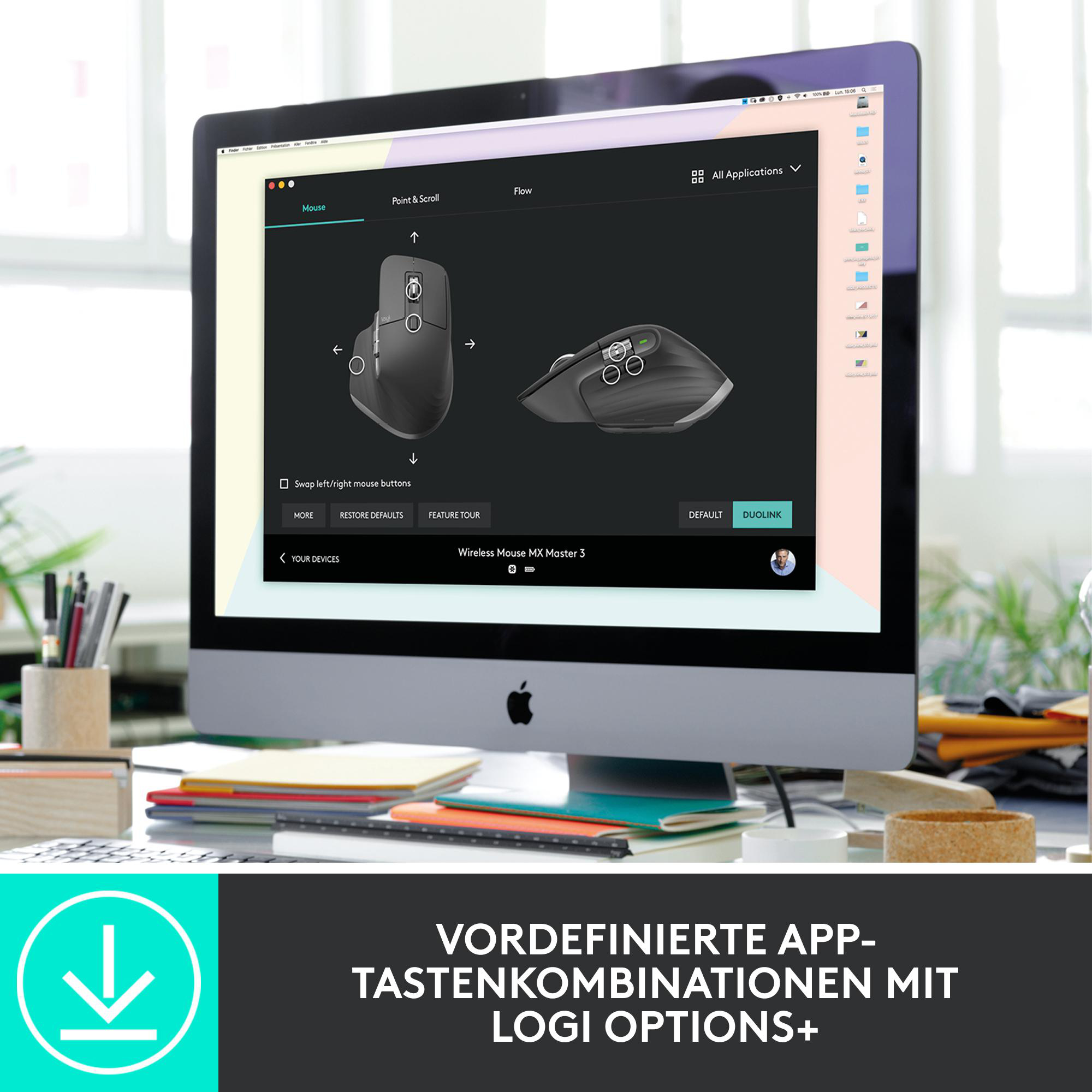 Ein Computerbildschirm zeigt Logitech-Mauseinstellungen. Zwei Mausmodelle sind abgebildet, mit Desktop und Büromaterial im Hintergrund.