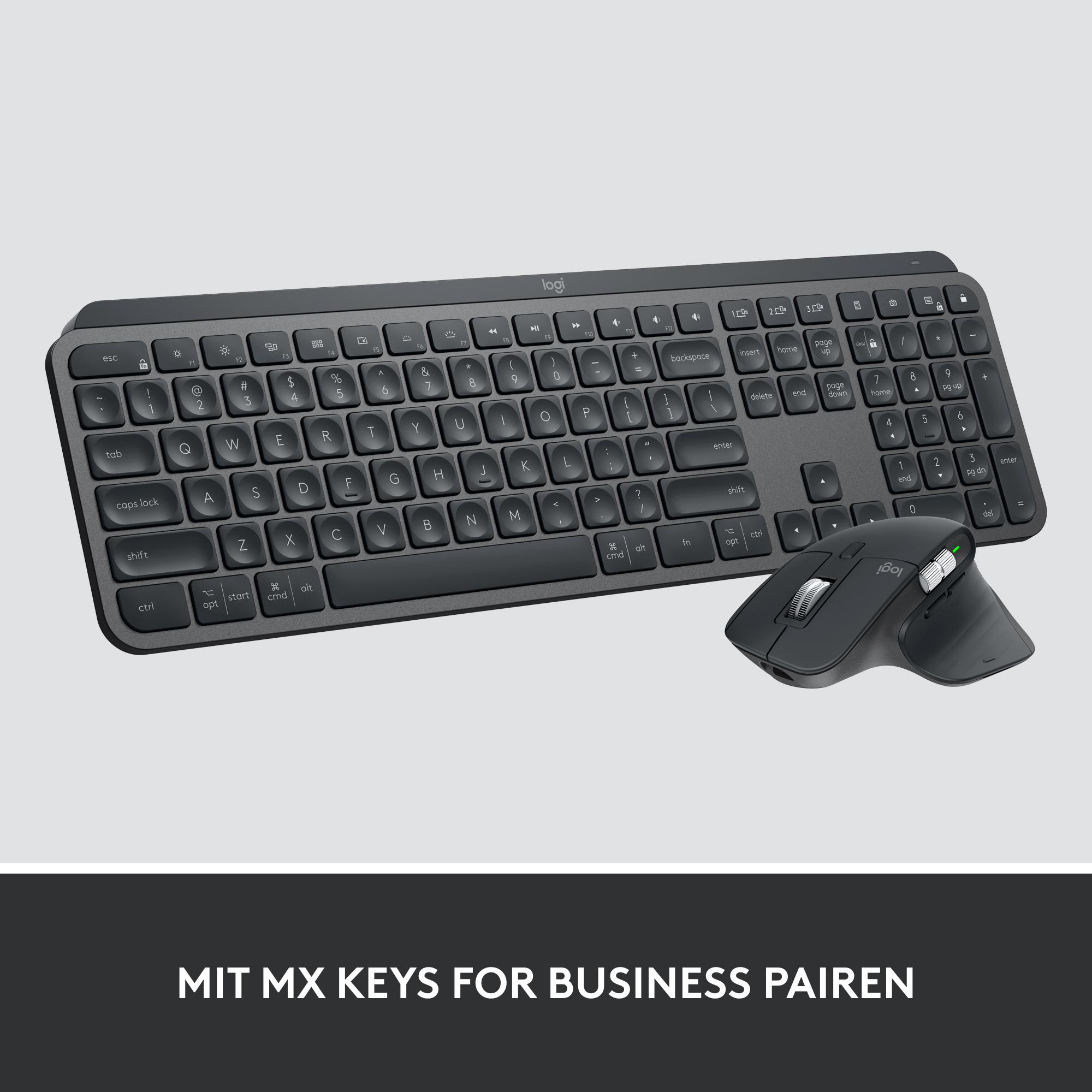 Ein schwarzes Logitech-Tastatur- und Maus-Set auf weißem Untergrund. Die Tastatur hat ein volles Layout.