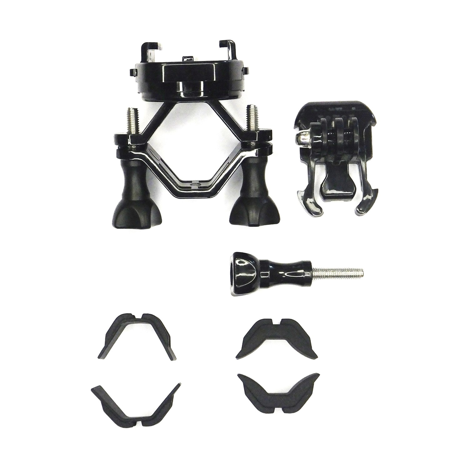 Parti nere per il montaggio della fotocamera su sfondo bianco. Include un morsetto, un connettore, un bullone e due paia di pezzi di plastica curvi.