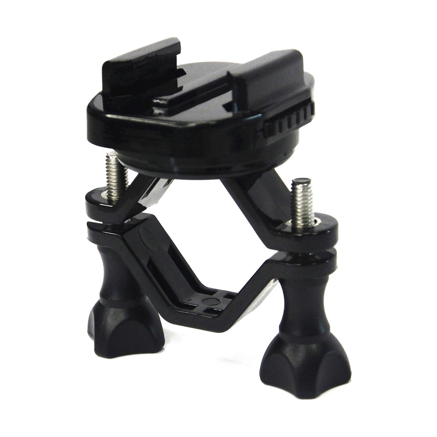 Un supporto per fotocamera in plastica nera con parte superiore rotonda, due montanti con viti e una base a forma di morsetto, il tutto su sfondo bianco.