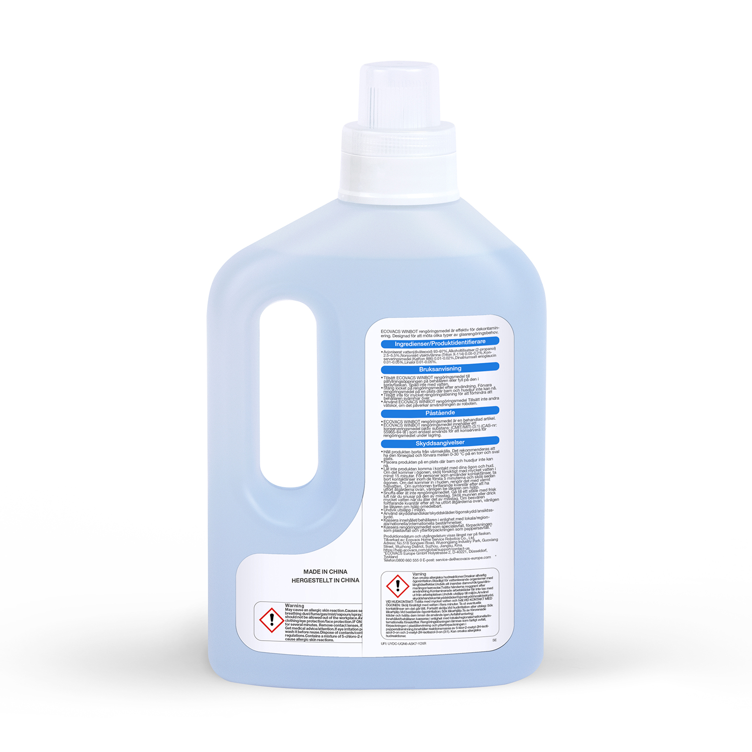 Bottiglia trasparente di soluzione detergente con manico. Testo e simboli di avvertimento sull'etichetta.