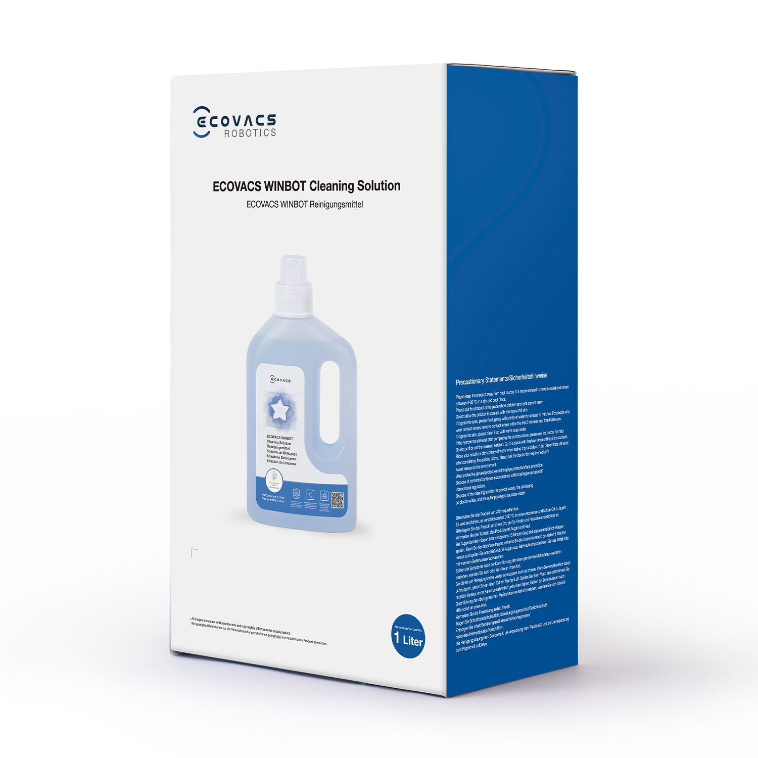 Una bottiglia di soluzione detergente ECOVACS WINBOT su una scatola bianca e blu. Testo e logo visibili.