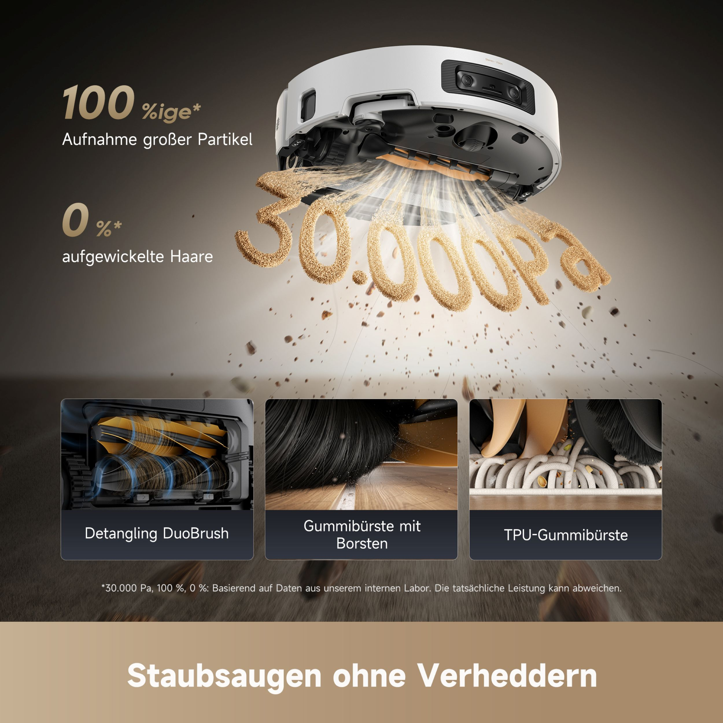 Ein weißer Roboter-Staubsauger. Text hebt 100 % Partikelaufnahme und 0 % Haarverwicklung hervor. Drei Bürstentypen.