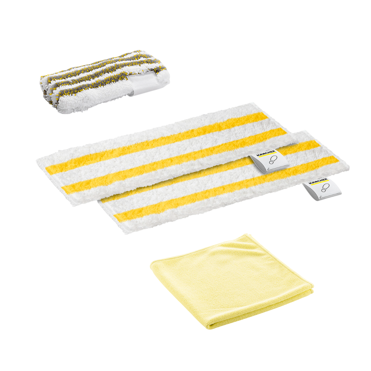 Siyah zemin üzerinde temizleme pedleri ve bezler. İki çizgili ped, mikrofiber bez ve rulo fırça içerir.