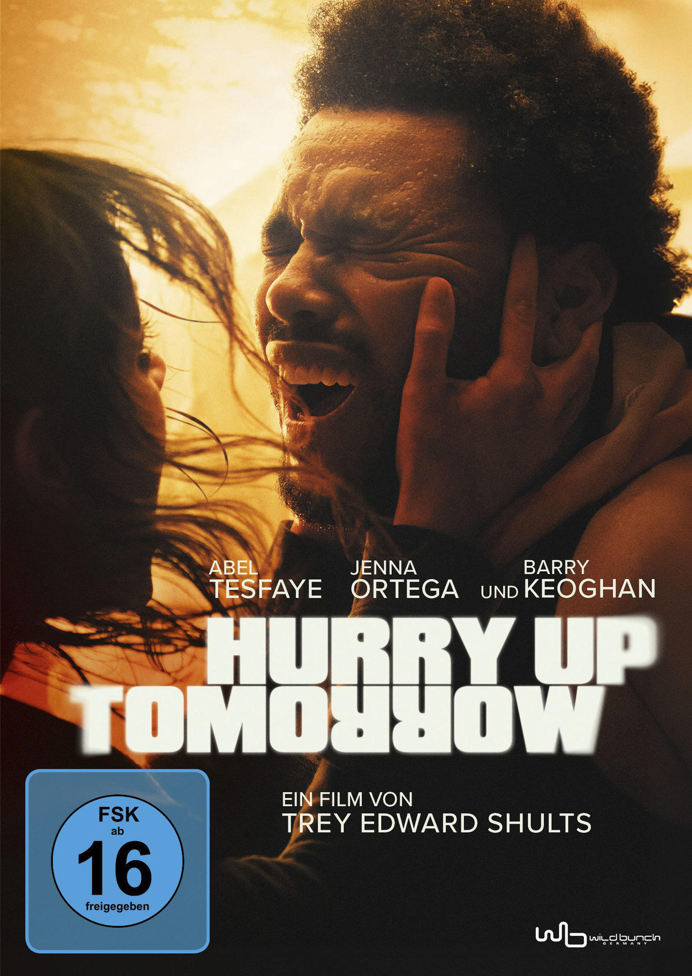 Filmplakat mit einem Mann in Not, halbes Gesicht sichtbar. Text: Hurry Up Tomorrow. Darsteller aufgelistet. Bewertung 16.