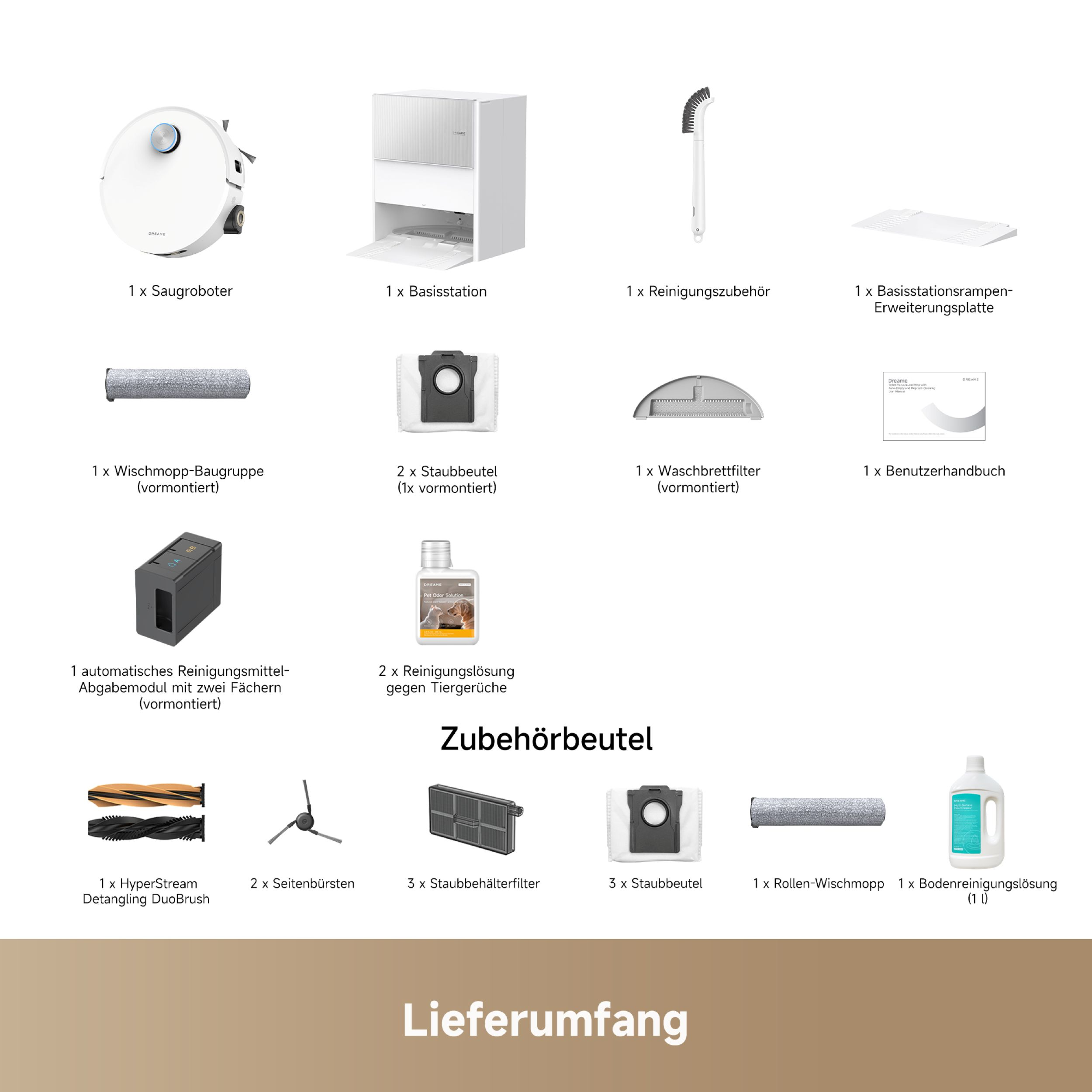 Ein Bild zeigt einen Staubsauger und sein Zubehör, darunter Bürsten, Reinigungslösungen und eine Basisstation.