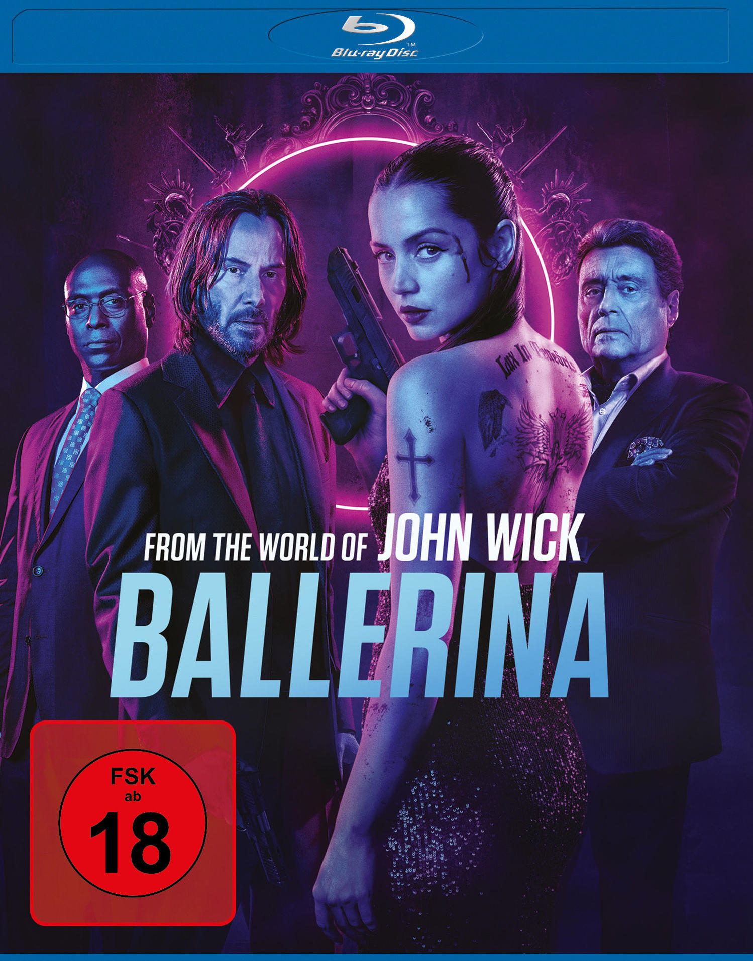 Kinoposter für 'Ballerina'. Keanu Reeves und andere stehen hinter einer Frau mit einer Waffe. Blu-ray Disc Logo oben.