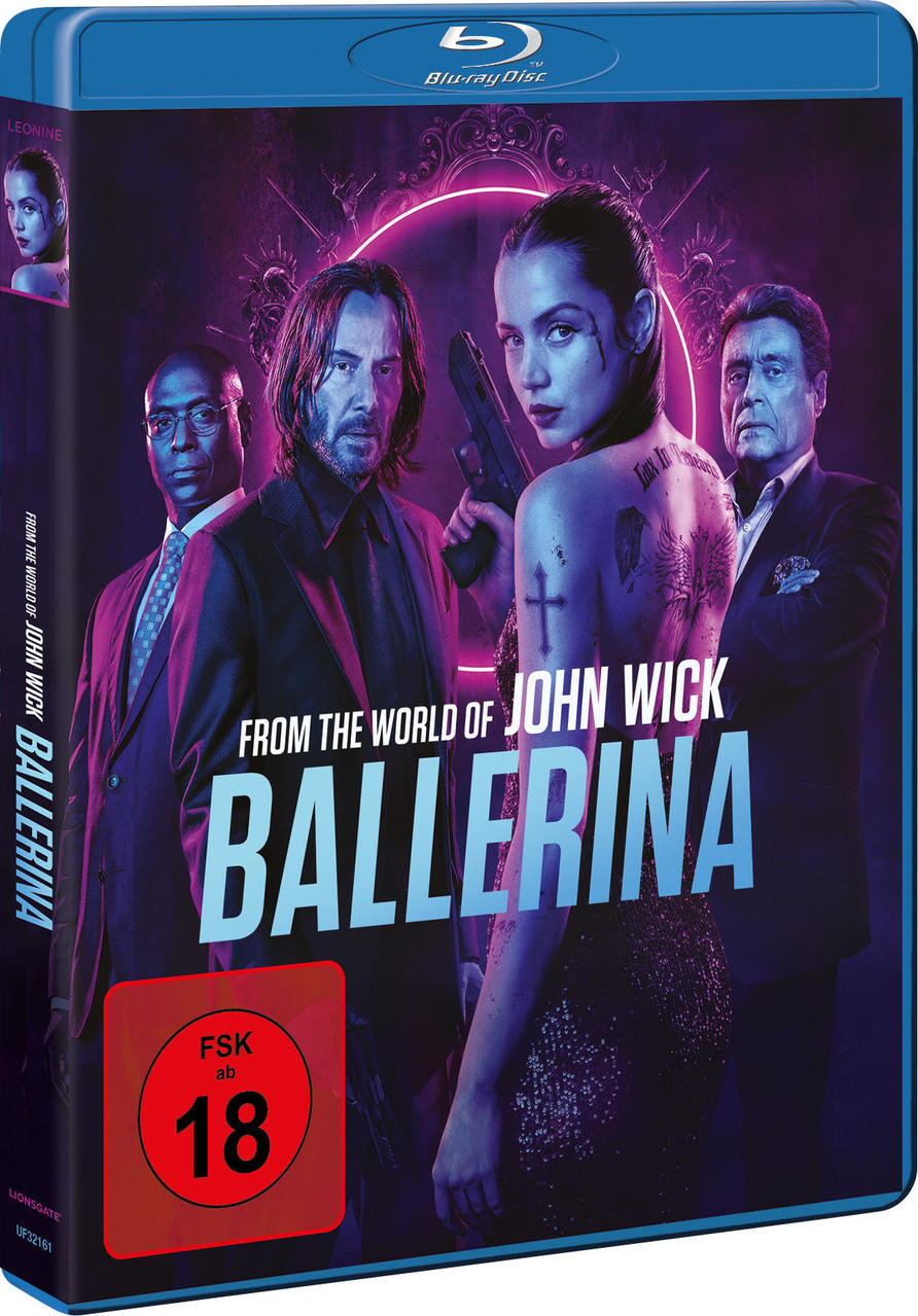 Blu-ray-Cover für 'Ballerina', mit Keanu Reeves und anderen. Zeigt eine Frau mit einer Waffe und eine rote 18er-Bewertung.