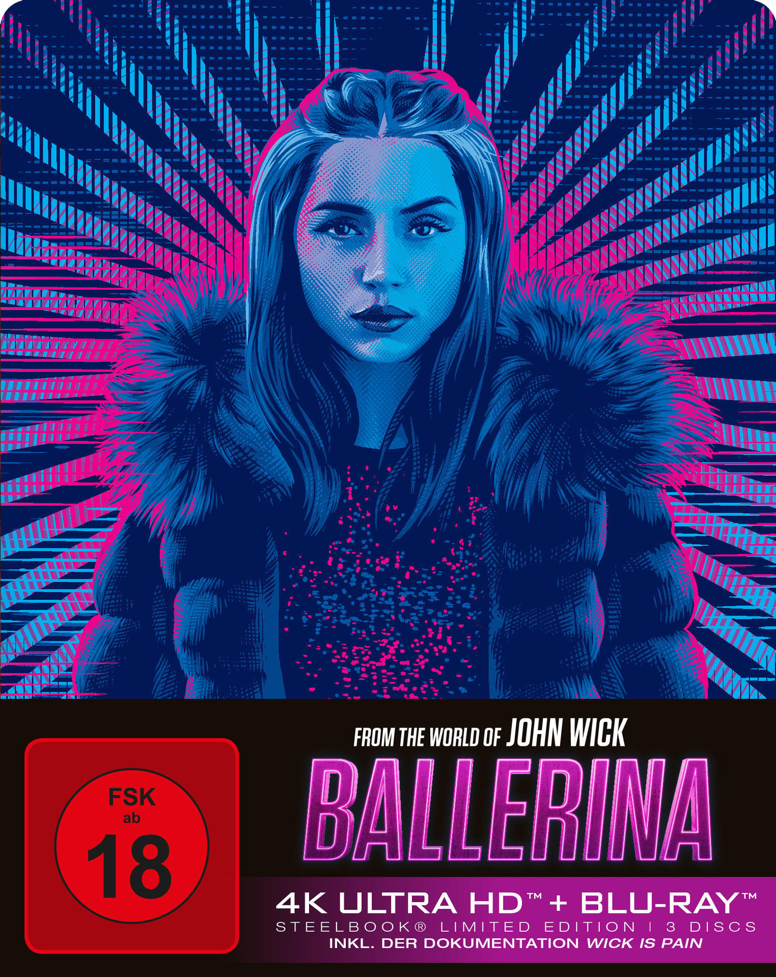 Filmcover mit einer Frau in Blau- und Rosatönen. Der Text lautet 'Ballerina' und 'From the World of John Wick'. Eine Altersfreigabe '18' ist sichtbar.