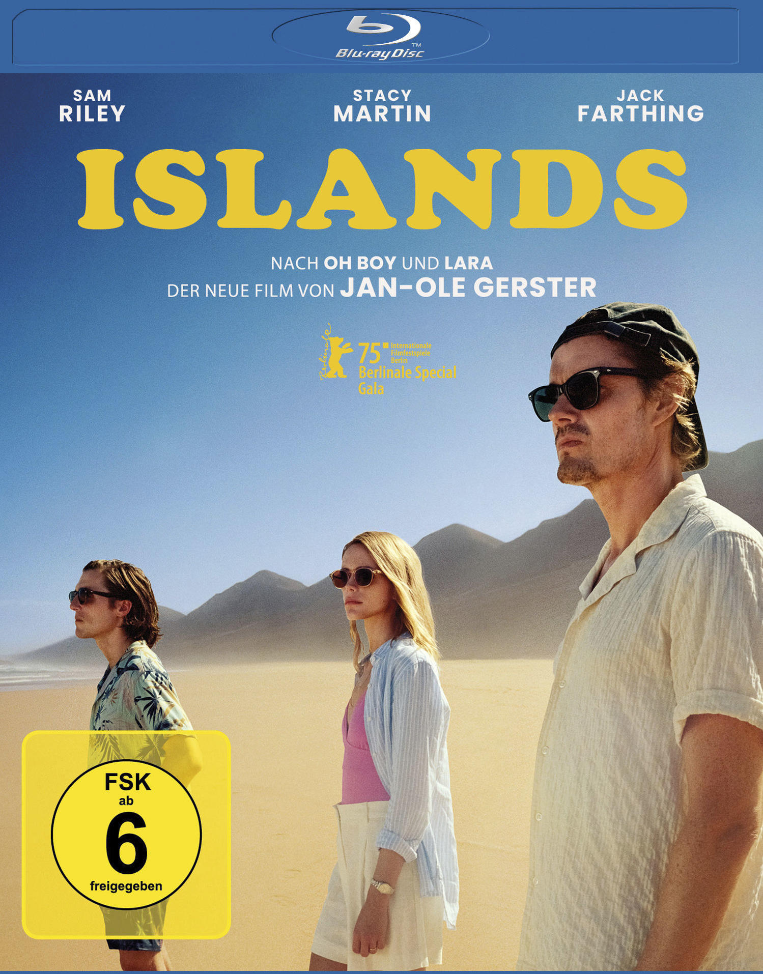 Filmplakat mit drei Personen am Strand. Titel: Islands. Blu-ray Disc. Der Text ist gelb. Bewertung: FSK ab 6.