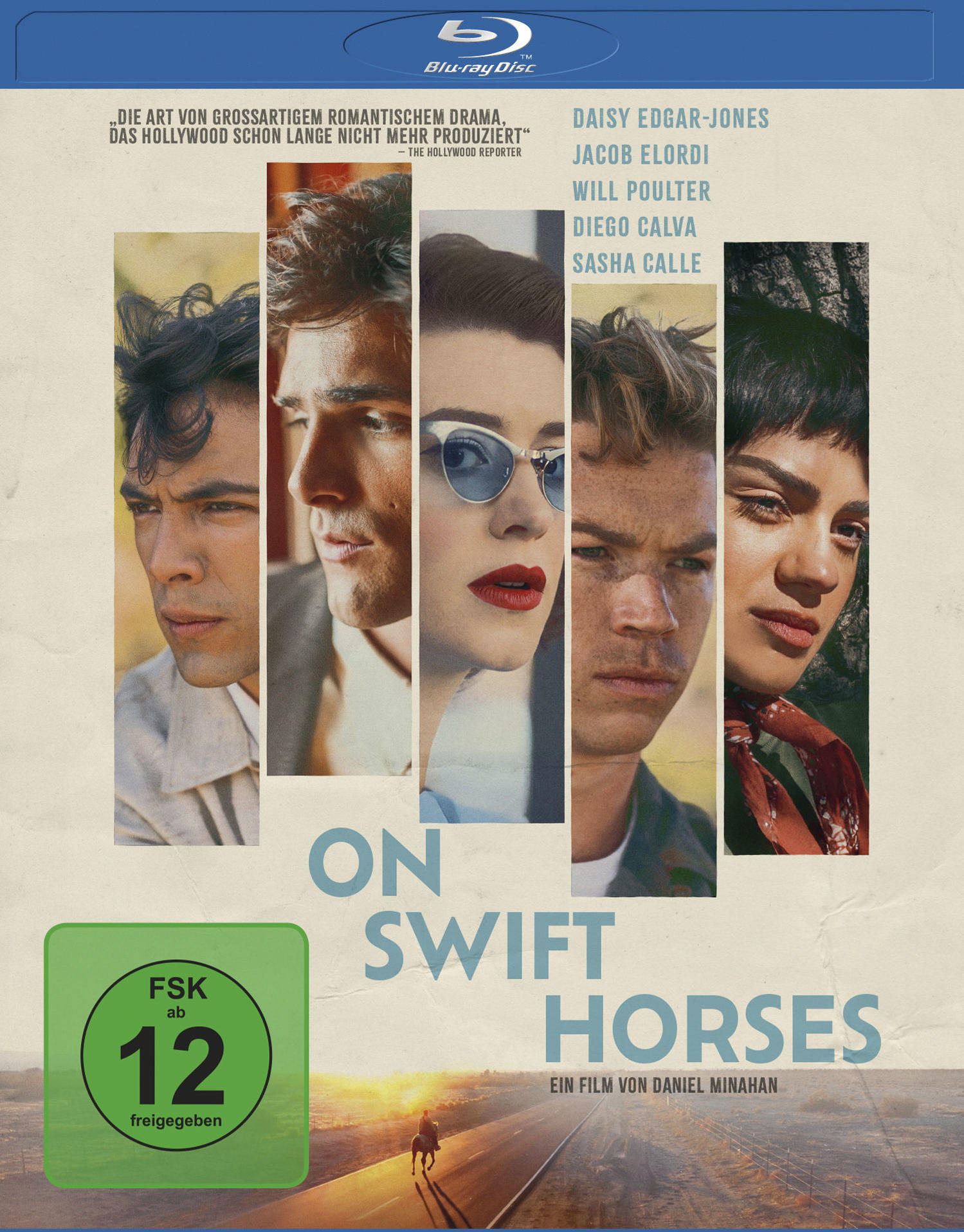 Filmplakat: Gesichter von Schauspielern, Titel 'On Swift Horses', Blu-ray Disc, FSK 12-Rating und eine Straße mit Reiter.