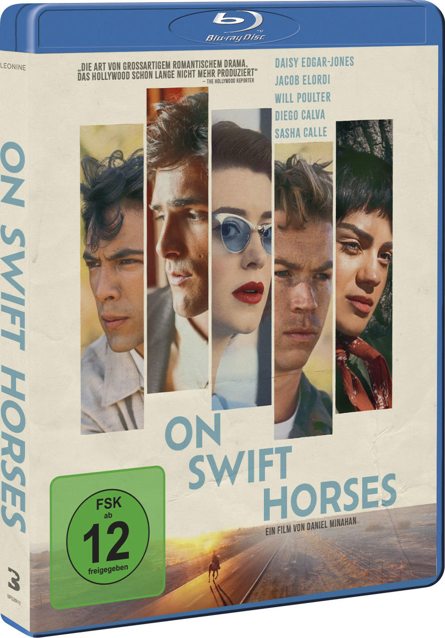 Filmcover für 'On Swift Horses'. Zeigt Gesichter von Schauspielern, Titel und grünes Bewertungssiegel. Blu-ray Disc.