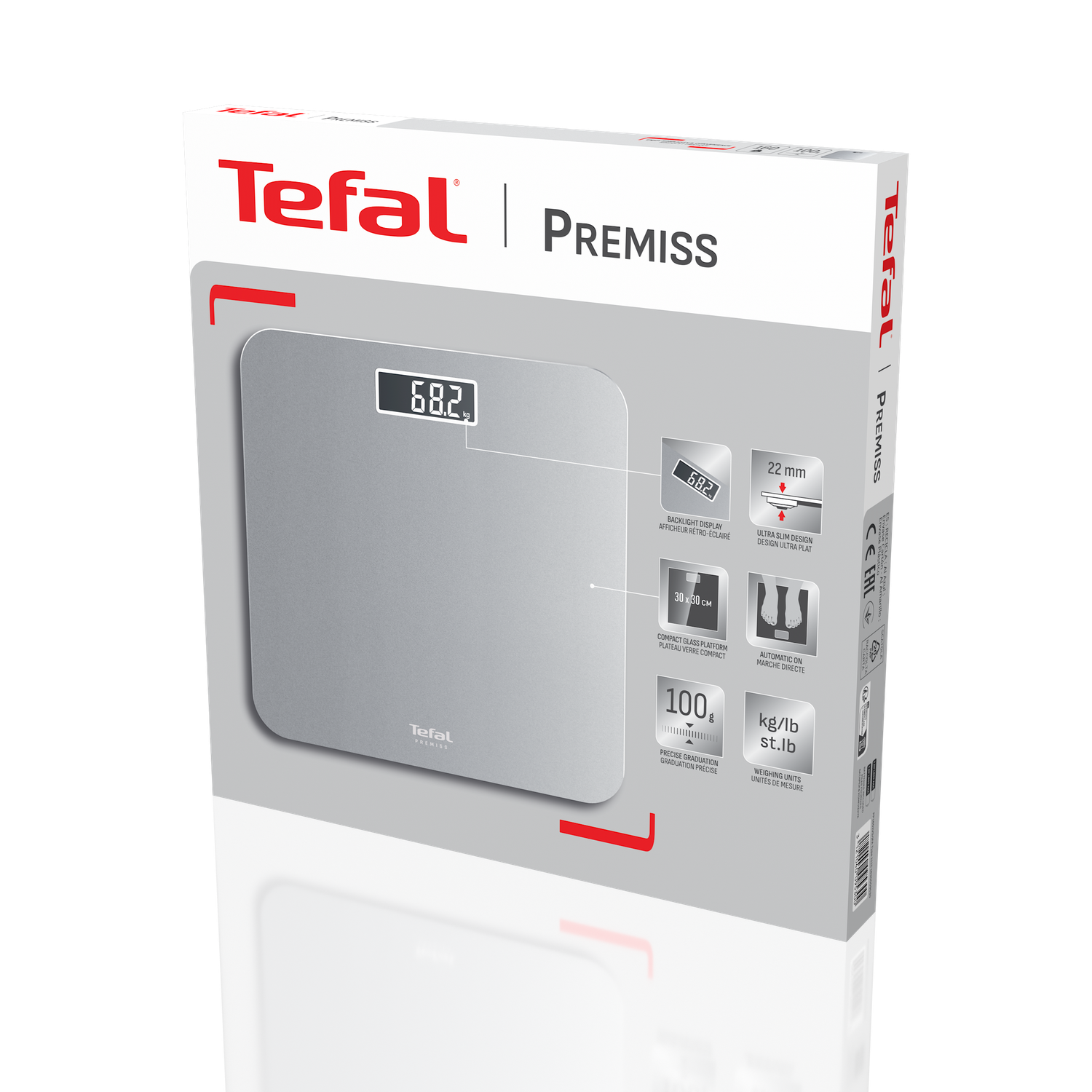 A Tefal Premiss scale is displayed. It's silver, showing 68.2 kg on the digital screen. The box details features and specifications of the scale.
