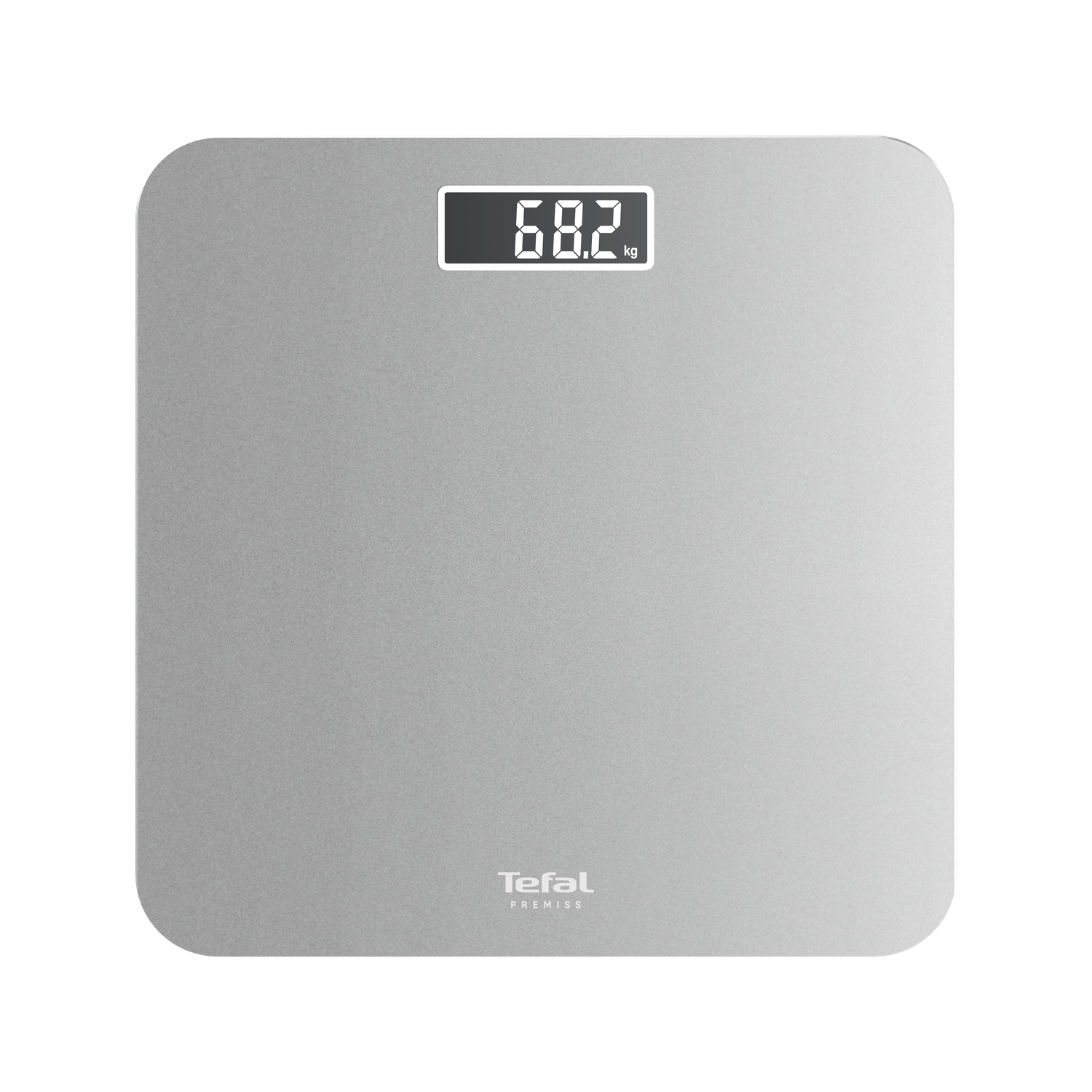 A silver digital bathroom scale displays 68.2 kg. The scale has rounded corners and the Tefal logo. The background is black.