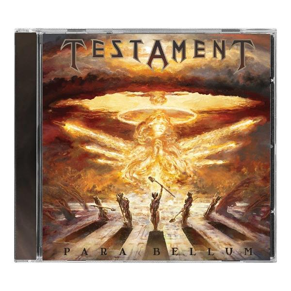 CD-Cover. Titel 'TESTAMENT PARABELLUM'. Figuren mit Waffen blicken auf einen nuklearen explosionsartigen Hintergrund mit einer zentralen Figur.