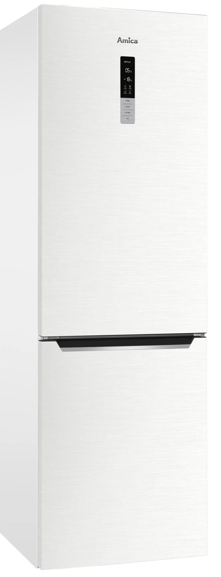 Biała lodówka Amica z cyfrowym wyświetlaczem. Lodówka ma dwoje drzwi. Górne drzwi mają nazwę marki i wyświetlacz.