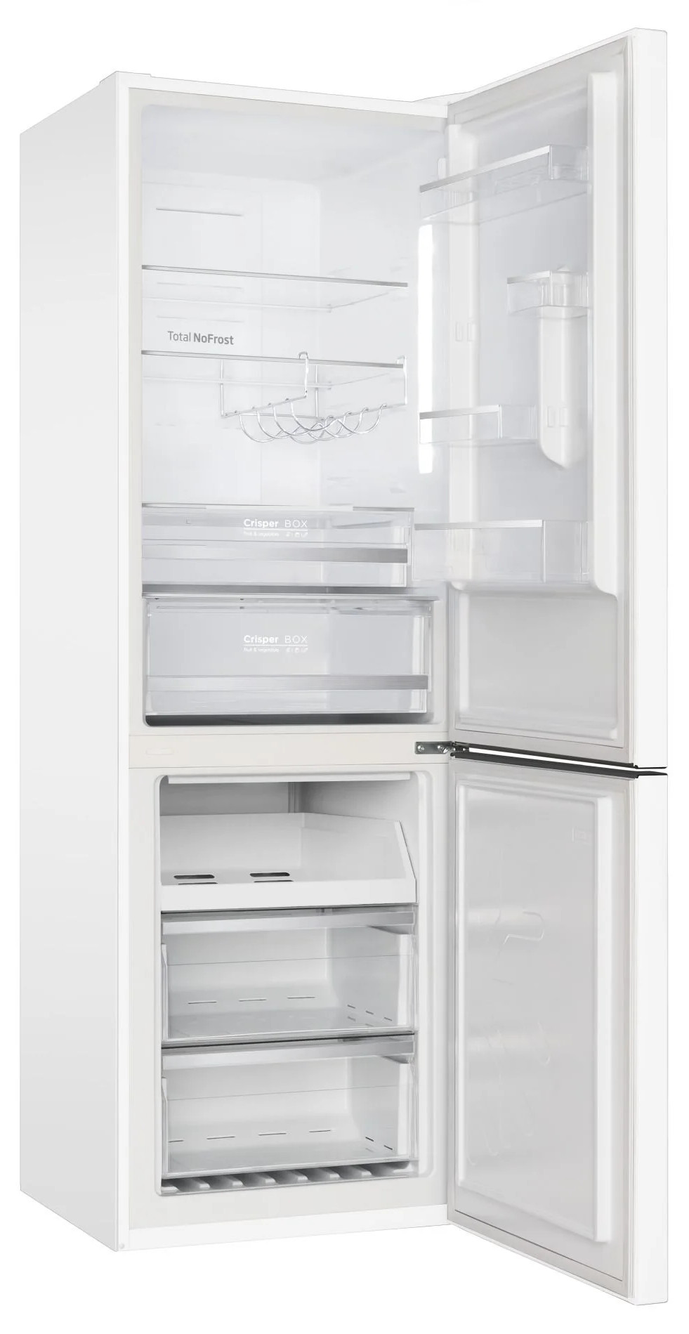 Biała lodówka, drzwi otwarte, pokazująca półki, pojemniki na warzywa i szuflady zamrażarki. Drzwi są po prawej stronie.