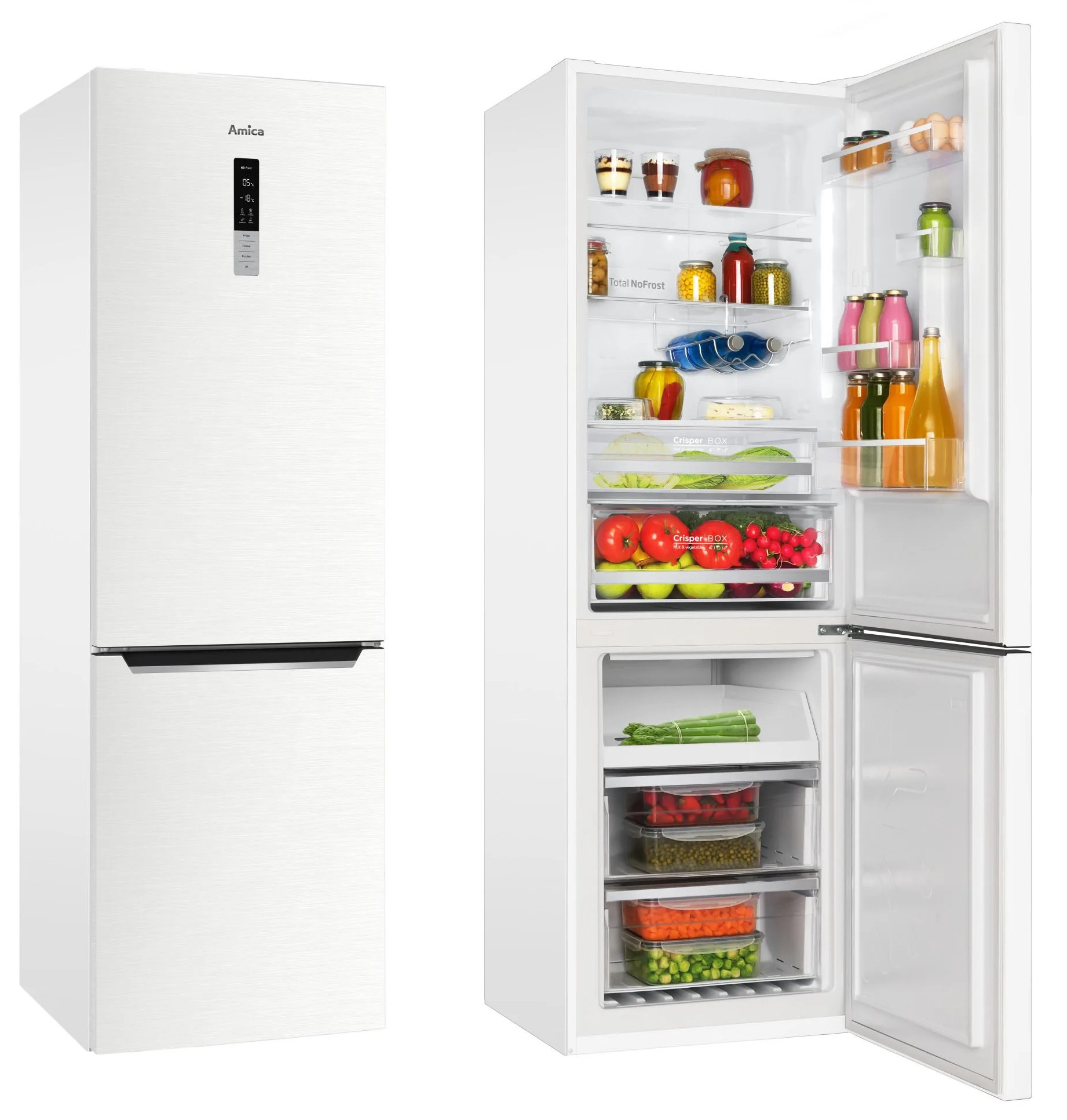 Biała lodówka Amica, jedne drzwi zamknięte, drugie otwarte, pokazujące półki z jedzeniem, w tym słoiki, warzywa i jajka.
