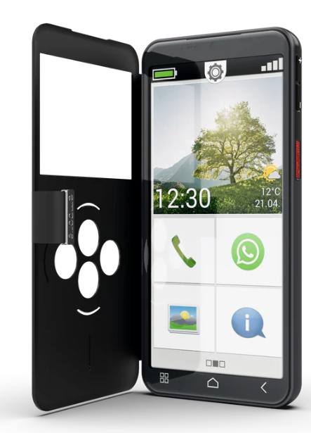 Schwarzes Smartphone, teilweise geöffnet, mit Landschaftstapete. Die Hülle hat Ausschnitte. Apps: Telefon, WhatsApp, Galerie.
