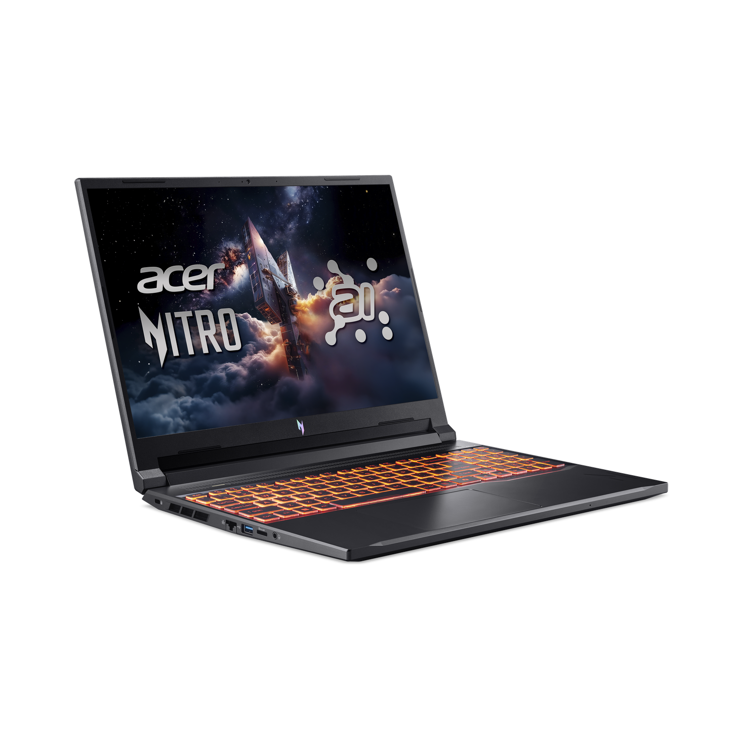 Een Acer Nitro laptop op een zwarte ondergrond. Het scherm toont een ruimteschipafbeelding en het Acer Nitro-logo. Het toetsenbord gloeit oranje.
