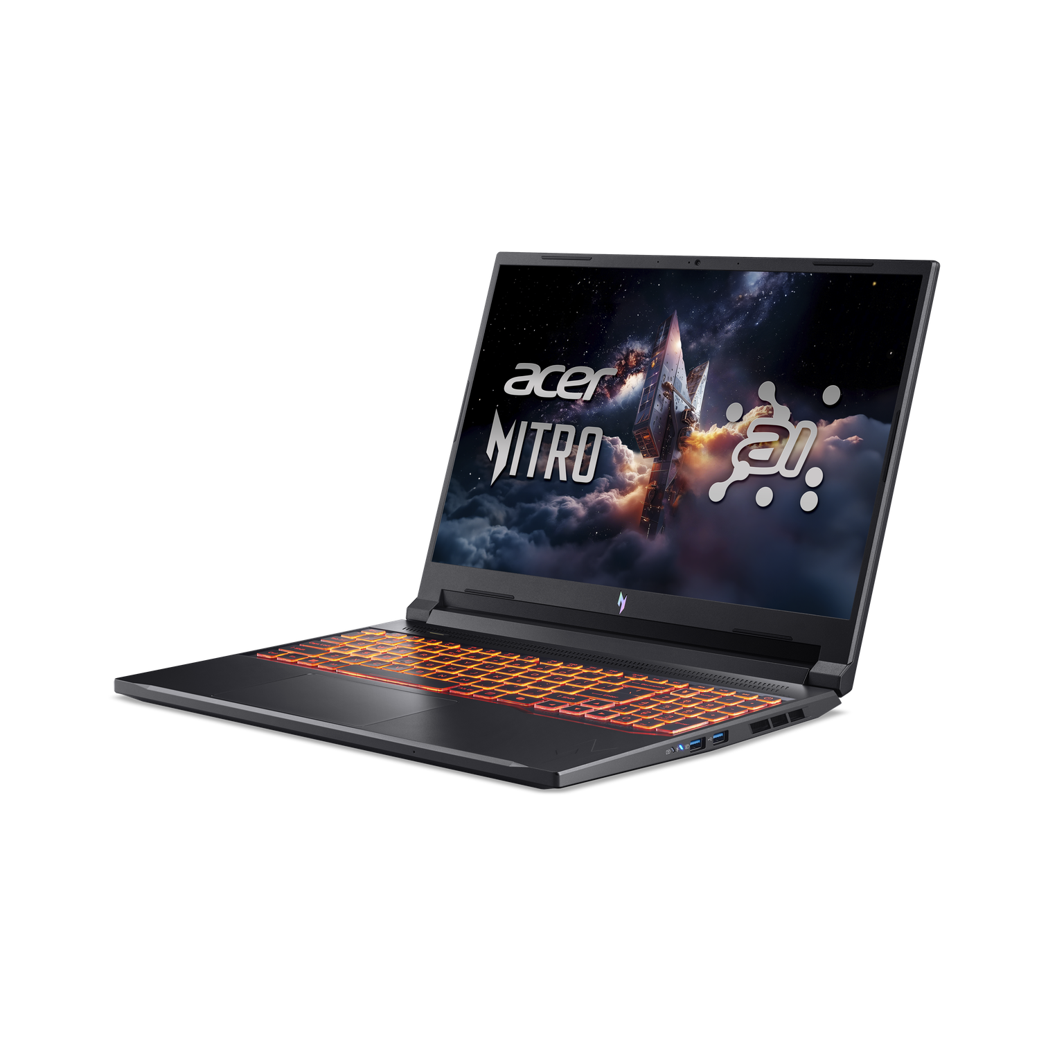 Acer Nitro laptop met een verlicht oranje toetsenbord en een display met sterrenhemel. De laptop staat op een zwarte achtergrond.
