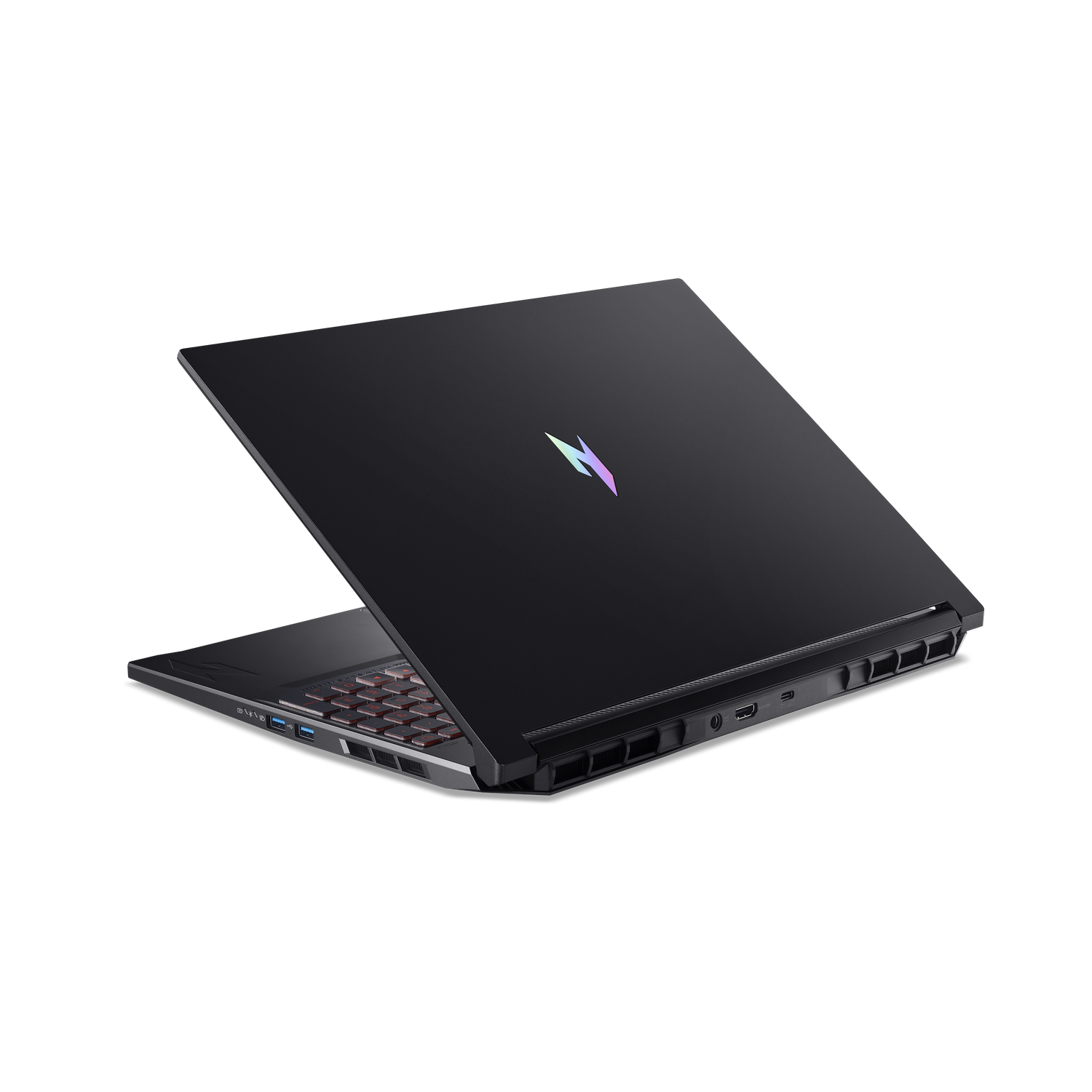 Zwarte laptop op zwarte achtergrond. De laptop is gedeeltelijk open, met toetsenbord en logo.