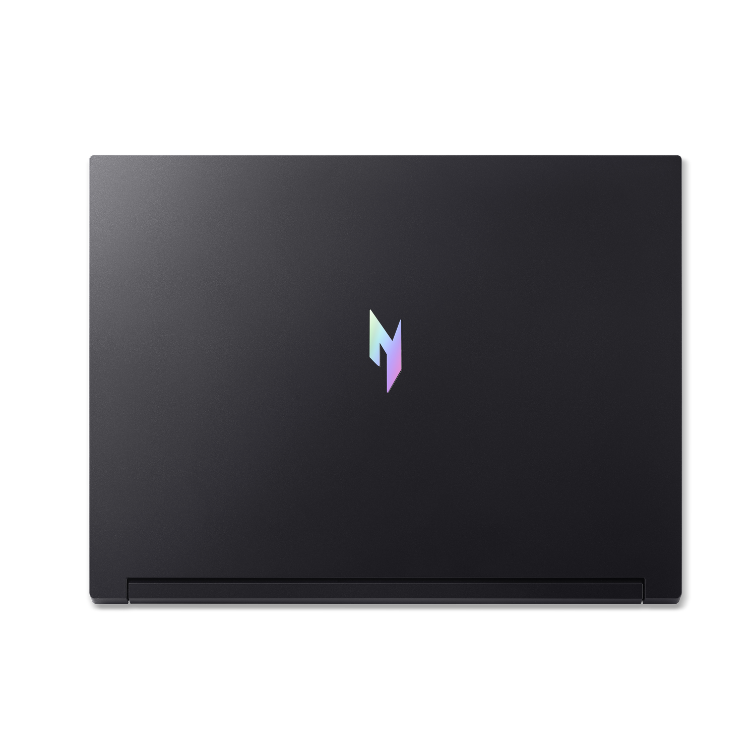 Een zwarte laptop met een kleurrijk logo aan de bovenkant. De achtergrond is volledig zwart.