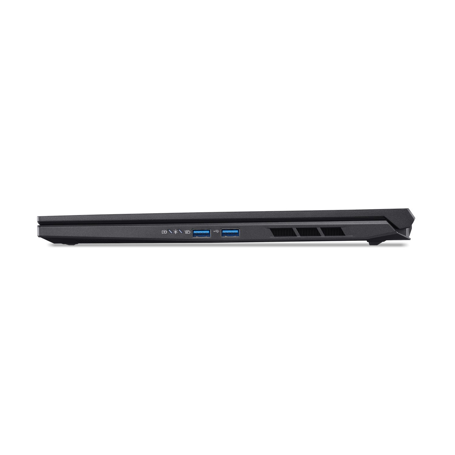 Zijaanzicht van een donkergrijze laptop. Poorten en ventilatieopeningen zijn zichtbaar. USB-poorten zijn blauw. De achtergrond is zwart.