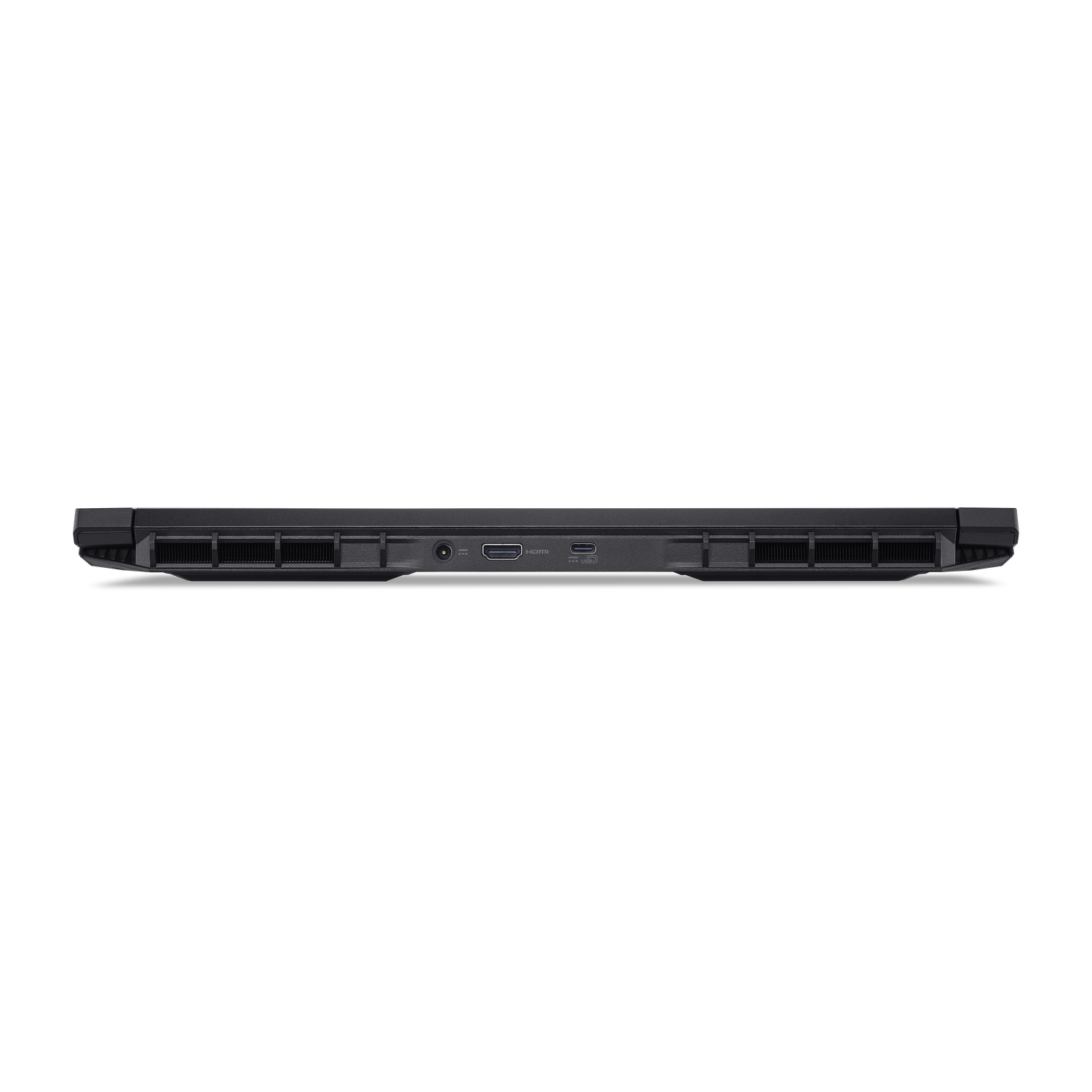 Zijaanzicht van een zwarte laptop. Poorten zijn onder meer een voedingspoort, HDMI en USB. Ventilatieopeningen en een zwarte achtergrond zijn ook zichtbaar.