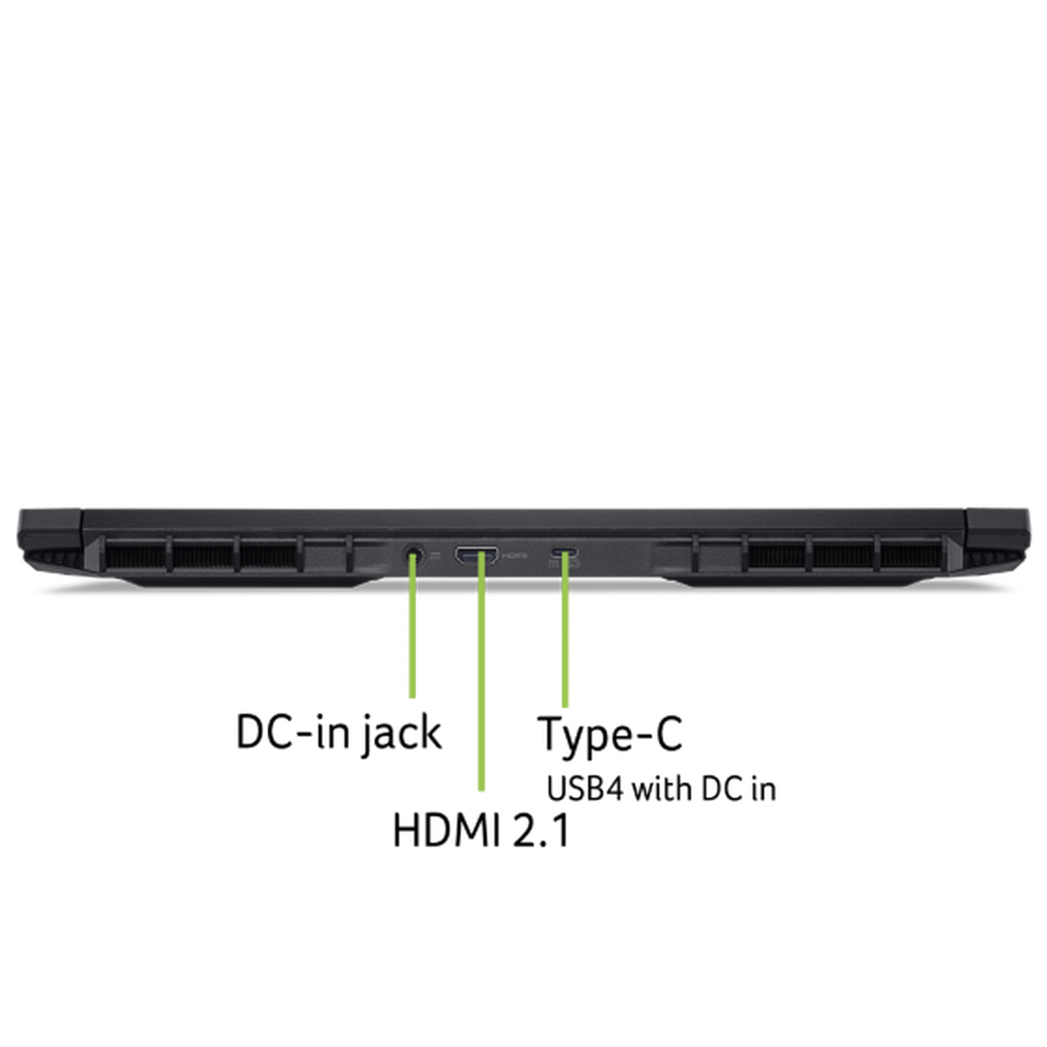 Zijaanzicht van zwarte laptop. Poorten zichtbaar, inclusief HDMI, en ventilatieroosters. De achtergrond is effen zwart.