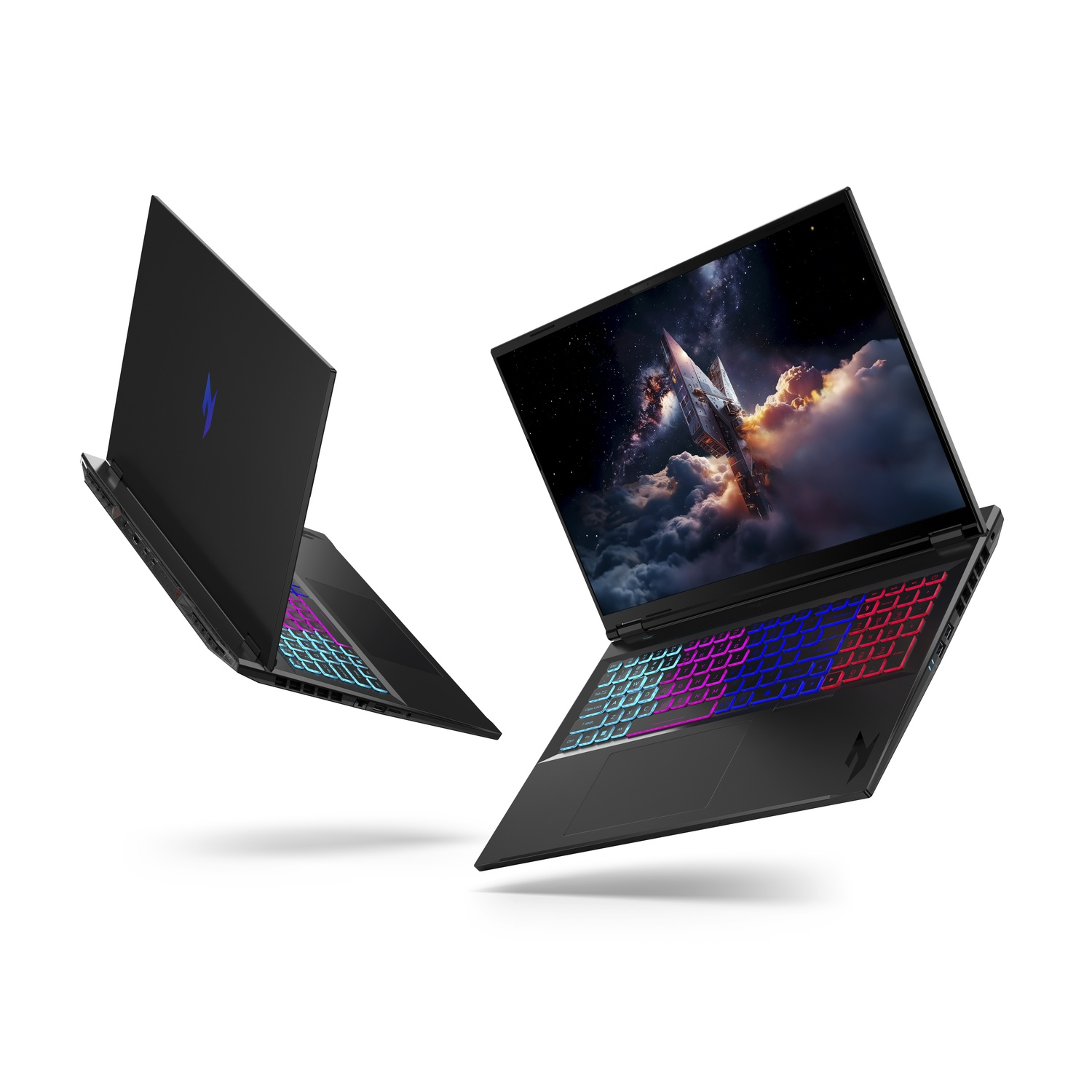 Two black laptops floating. One shows a space scene, the other a blue logo. Both have illuminated, colorful keyboards.